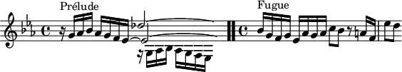 
\version "2.18.2"
\header {
  tagline = ##f
}
\score {
  \new Staff \with {
  }
<<
  \relative c' {
    \key ees \major
    \time 4/4
     %% INCIPIT CBT I-17, BWV 852, mi-bémol majeur
     << { s8*0^\markup{Prélude} s2 des'2~ \hideNotes des8} \\ { s2 r16 g,,16 aes bes aes[ g f ees] } \\ { bes''16\rest g16 aes bes aes g f ees~ \once \override Staff.TimeSignature #'stencil = ##f \time 9/8 ees2~ \hideNotes ees8 } >> \bar ".."
     \time 4/4 \partial 1
     s4*0^\markup{Fugue} bes'16 g f g ees aes g aes c8 bes r8 a16 f ees'8[ d]
  }
>>
  \layout {
     \context { \Score \remove "Metronome_mark_engraver" 
     \override SpacingSpanner.common-shortest-duration = #(ly:make-moment 1/2) 
       }
  }
  \midi {}
}
