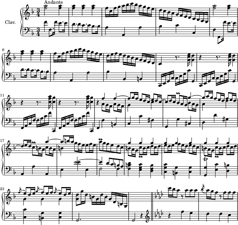 
\version "2.18.2"
\header {
  tagline = ##f
  % composer = "Domenico Scarlatti"
  % opus = "K. 296"
  % meter = "Andante"
}
%% les petites notes
trillBesq     = { \tag #'print { bes8\prall } \tag #'midi { c64 bes c bes~ bes16 } }
trillAq       = { \tag #'print { a8\prall } \tag #'midi { bes64 a bes a~ a16 } }
trillCq       = { \tag #'print { c8\prall } \tag #'midi { d64 c d c~ c16 } }
upper = \relative c'' {
  \clef treble 
  \key f \major
  \time 3/4
  \tempo 4 = 66
  \set Staff.midiInstrument = #"harpsichord"
  \override TupletBracket.bracket-visibility = ##f
      s8*0^\markup{Andante}
      < f a >2 q4 q q q | f16 c f g a bes c bes a g f e |
      % ms. 4
      d16 c bes a g f e d c bes a g |
      < f'' a >2 q4 q q q | f16 c f g a bes c bes a g f e |
      % ms. 8
      d16 e f e d c bes a g f e d | c4 \repeat unfold 2 { r8. < g' c e >16~ < g d' >4 | r4 } 
      % ms. 11
      \repeat unfold 2 { r8. < c f a >16~ < c g' >4 | r4 } 
      << { f4 f4~ | f8 g16 f e8 d16 c e8 d16 c~ | c8 d16 c }
      \\ { \repeat unfold 2 { a8 g16 f } | g4 s4 c4 } >> \trillBesq a16 g
      % ms. 15 suite…
      << { g'4~ | g8 a16 g f8 e16 d f8 e16 d~ | d8 e16 d } \\ { bes8 a16 g | a4 s4 d4 } >> | \trillCq b16 a << { a'4~ | a8 b16 a } \\ { c,8 b16 a | b4 } >> | g'8 f16 e e8 f16 e | \trillAq g8 f e d c |
      % ms. 20
      << { \repeat unfold 9 { g'4 } } \\ { b,8 a16 g \trillCq b16 c d8 c16 d | e8 d16 e f8 e16 d e8 d16 c | b8\trill a16 g \trillCq b16 c d8 c16 d } >> |  << { \acciaccatura f8 e8 d16 e \acciaccatura g8 f8 e16 f  \acciaccatura f8 e8 d16 e } \\ { g,4 g g } >> 
      % ms. 24
      < g d' >8 g'16 d b g d' b g d b g s2. \bar "||"   \key f \minor  c''16 bes aes8 r8 aes8 aes aes \acciaccatura bes8 aes16 g f8 r8 f8 f f |
}
lower = \relative c' {
  \clef bass
  \key f \major
  \time 3/4
  \set Staff.midiInstrument = #"harpsichord"
  \override TupletBracket.bracket-visibility = ##f
    % ************************************** \appoggiatura a16  \repeat unfold 2 {  } \times 2/3 { }   \omit TupletNumber 
      f4 f,8. f'16 e8. e16 | d8. d16 c8. c16 bes8. bes16 | a4 a, a' | 
      % ms. 4
      bes4 c c, | f f,8. f''16 e8. e16 | d8. d16 c8. c16 bes8. bes16 | a4 a, a' |
      % ms. 8
      bes4 bes, b | \repeat unfold 2 { c,16 e g c c e g c g,4  }
      % ms. 11
      \repeat unfold 2 { f16 a c f f a c f c,,4 } | f4 f' b, | c c' fis, | g, g' cis, |
      % ms. 16
      d4 d' gis, | a, a' a, | e' << { e'2~ | e4 d8 c b a } \\ { e'4 e, | f2 f4  } >>
      % ms. 20
      < f b d >4 < e g c > < d f b > | < c g' c > < b g' > < c g' > | < g g' > < e' c' > < d b' > | < c c' > < b g' > < c g' > |
      % ms. 24
      g2. | g2 r4    \clef treble  \key f \minor | r4 f'''4 ees | des des c |
}
thePianoStaff = \new PianoStaff <<
    \set PianoStaff.instrumentName = #"Clav."
    \new Staff = "upper" \upper
    \new Staff = "lower" \lower
  >>
\score {
  \keepWithTag #'print \thePianoStaff
  \layout {
      #(layout-set-staff-size 17)
    \context {
      \Score
     \override SpacingSpanner.common-shortest-duration = #(ly:make-moment 1/2)
      \remove "Metronome_mark_engraver"
    }
  }
}
\score {
  \keepWithTag #'midi \thePianoStaff
  \midi { }
}
