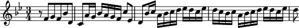 
\version "2.18.2"
\header {
  tagline = ##f
}
\score {
  \new Staff \with {
  }
<<
  \relative c' {
    \key bes \major
    \time 3/4
     %% SUJET fugue CBT I-21, BWV 866, si-bémol majeur
     r8 f8 g f bes d, c a'16 g bes a g f c'8 ees, d bes'16 c a bes c d ees d c ees d c bes c a bes c d ees d c ees | d8
  }
>>
  \layout {
     \context { \Score \remove "Metronome_mark_engraver" 
     \override SpacingSpanner.common-shortest-duration = #(ly:make-moment 1/2)
     }
  }
  \midi {} 
}
