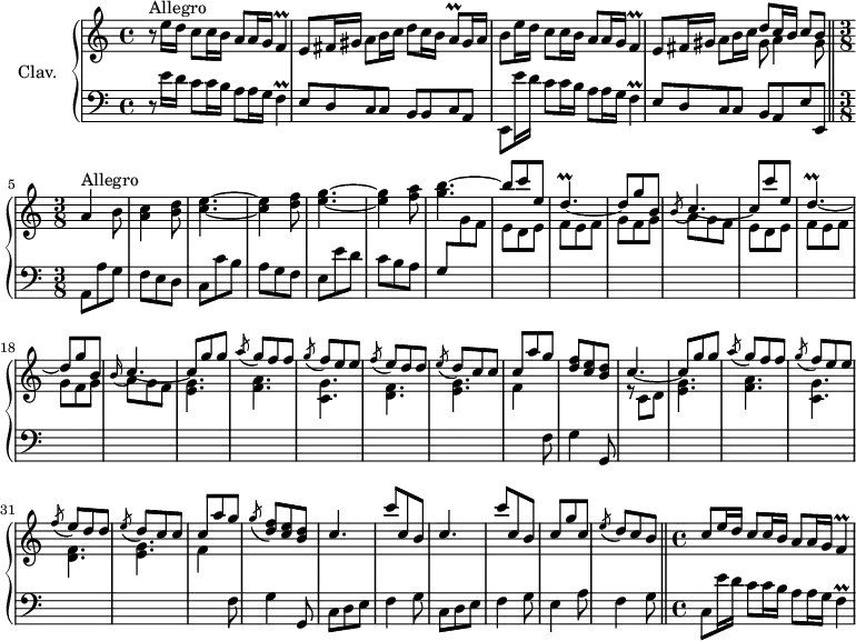 
\version "2.18.2"
\header {
  tagline = ##f
  % composer = "Domenico Scarlatti"
  % opus = "K. 265"
  % meter = "Allegro"
}
%% les petites notes
trillF       = { \tag #'print { f4\prall } \tag #'midi { g32 f g f~ f8 } }
trillA       = { \tag #'print { a8\prall } \tag #'midi { b32 a b a } }
trillDp      = { \tag #'print { d4.\prall~ } \tag #'midi { e32 d e d~ d4~ } }
upper = \relative c'' {
  \clef treble 
  \key a \minor
  \time 4/4
  \tempo 4 = 88
  \set Staff.midiInstrument = #"harpsichord"
  \override TupletBracket.bracket-visibility = ##f
      s8*0^\markup{Allegro}
      r8 e16 d c8 c16 b a8 a16 g \trillF | e8 fis16 gis a8 b16 c d8 c16 b \trillA gis16 a | b8 e16 d c8 c16 b a8 a16 g \trillF |
      % ms. 4
      e8 fis16 gis a8 b16 c << { d8 c16 b c8 b } \\ { gis8  a4 gis8 } >> \bar "||"   \time 3/8 
      % ms. 5
      a4^\markup{Allegro} b8 | < a c >4 < b d >8 | < c e >4.~ | q4 < d f >8 | < e g >4.~
      % ms. 10
      q4 < f a >8 | < g b >4.~ | \stemUp b8 c e, | \trillDp | d8 g b, | \acciaccatura b8 c4.~ c8 c' e, | \trillDp | 
      % ms. 18
      d8 g b, | \appoggiatura b16 c4.~ | c8 g' g | \acciaccatura a8 g8 f f | \acciaccatura g8 f e e | \acciaccatura f8 e8 d d | \acciaccatura e8 d8 c c | 
      % ms. 25
      c8 a' g | < d f >8 < c e > < b d > | c4.~ | c8 g' g | \acciaccatura a8 g8 f f | \acciaccatura g8 f e e | \acciaccatura f8 e8 d d |
      % ms. 32
      \acciaccatura e8 d8 c c |  c8 a' g | \acciaccatura g8 < d f >8 < c e > < b d > | c4. | c'8 c, b | c4. | c'8 c, b |
      % ms. 39
      c8 g' c, | \acciaccatura e8 d8  \tempo 4. = 76 c  \tempo 4 = 64 b   \tempo 4 = 88 | c8 e16 d c8 c16 b a8 a16 g \trillF |
}
lower = \relative c' {
  \clef bass
  \key a \minor
  \time 4/4
  \set Staff.midiInstrument = #"harpsichord"
  \override TupletBracket.bracket-visibility = ##f
    % ************************************** \appoggiatura a16  \repeat unfold 2 {  } \times 2/3 { }   \omit TupletNumber 
      r8 e16 d c8 c16 b a8 a16 g \trillF | e8 d c c b b c a | e e''16 d c8 c16 b a8 a16 g \trillF |
      % ms. 4
      e8 d c c b a \tempo 4 = 76 e'   \tempo 4 = 64 e, | \tempo 4. = 90 \time 3/8  a8 a' g | f e d | c c' b | a g f | e e' d |
      % ms. 10
      c8 b a | g \stemDown \change Staff = "upper" g' f | \repeat unfold 2 { e d e | f e f | g f g | a g f } | 
      % ms. 20
      < e g >4. < f a > < c g' > < d f > < e g >
      % ms. 25
      f4 \stemNeutral \change Staff = "lower" f,8 | g4 g,8 | \stemDown \change Staff = "upper" r8 c'8 d | < e g >4. < f a > < c g' > < d f > 
      % ms. 32
      < e g >4. | f4 \stemNeutral \change Staff = "lower" f,8 | g4 g,8 | \repeat unfold 2  { c8 d e | f4 g8 } |
      % ms. 39
      e4 a8 | f4 g8  \bar "||"   \time 4/4    \tempo 4 = 88
      % ms. 41
      c,8 e'16 d c8 c16 b a8 a16 g \trillF |
}
thePianoStaff = \new PianoStaff <<
    \set PianoStaff.instrumentName = #"Clav."
    \new Staff = "upper" \upper
    \new Staff = "lower" \lower
  >>
\score {
  \keepWithTag #'print \thePianoStaff
  \layout {
      #(layout-set-staff-size 17)
    \context {
      \Score
     \override SpacingSpanner.common-shortest-duration = #(ly:make-moment 1/2)
      \remove "Metronome_mark_engraver"
    }
  }
}
\score {
  \keepWithTag #'midi \thePianoStaff
  \midi { }
}

