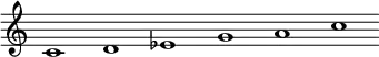 
 \relative c'  {\override Score.BarLine.stencil = ##f \override Score.TimeSignature.stencil = ##f c1 d ees g a c}
