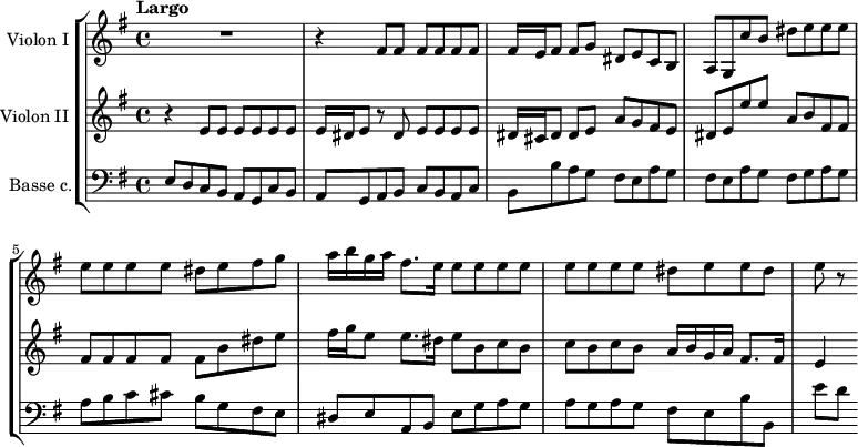 
\version "2.14.2"
\header {
  tagline = ##f
}
global= {
  \time 4/4
  \key e \minor
  \tempo "Largo"
}
violinOne = \new Voice \relative c' {
  \set Staff.instrumentName = #"Violon I "
  \set Staff.midiInstrument = #"violin"
  \tempo 4 = 56
  R1 r4 \repeat unfold 3 { fis8 fis } fis16 e fis8 fis g dis e c b | a g c' b dis e e e |
  e8 e e e dis e fis g | a16 b g a fis8. e16 \repeat unfold 4 { e8 e } dis8 e e dis | e8 r8
}
violinTwo = \new Voice \relative c' {
  \set Staff.instrumentName = #"Violon II "
  \clef treble
  \set Staff.midiInstrument = #"violin"
  r4 \repeat unfold 3 { e8 e } e16 dis e8 r8 dis e e e e | dis16 cis dis8 dis e a g fis e | dis e e' e a, b fis fis
  % ms. 5
  fis8 fis fis fis fis b dis e | fis16 g e8 e8. dis16 e8 b c b | c b c b a16 b g a fis8. fis16 | e4
    % \addlyrics {  }
}
basse = \new Voice \relative c {
  \set Staff.instrumentName = #"Basse c."
  \clef bass
  \set Staff.midiInstrument = #"harpsichord"
  e8 d c b a g c b | a g a b c b a c | b b' a g fis e a g | fis e a g fis g a g | 
  % ms. 5
  a8 b c cis b g fis e | dis  e a, b e g a g | a g a g fis e b' b, e'[ d]
}
\score {
  \new StaffGroup <<
    \new Staff << \global \violinOne >>
    \new Staff << \global \violinTwo >>
    \new Staff << \global \basse >>
  >>
  \layout {
    #(layout-set-staff-size 17)
    \context {
      \Score
      % \remove "Metronome_mark_engraver"
      \override SpacingSpanner.common-shortest-duration = #(ly:make-moment 1/2)
    }
  }
  \midi { }
}
