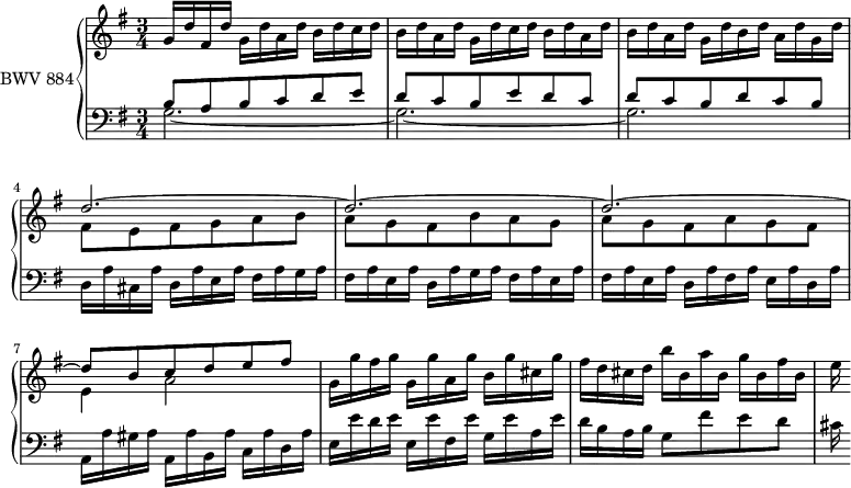 
\version "2.18.2"
\header {
  tagline = ##f
}
upper = \relative c'' {
  \clef treble 
  \key g \major
  \time 3/4
  \tempo 4 = 96
  \set Staff.midiInstrument = #"harpsichord" 
   %% PRÉLUDE CBT II-15, BWV 884, sol majeur
   g16 d' fis, d' g, d' a d b d c d | b d a d g, d' c d b d a d | b d a d g, d' b d a d g, d'~ |
   << { d2.~ d~ d~ d8 b c d e fis } \\ { fis,8 e fis g a b a g fis b a g a g fis a g fis e4 a2 } >>
   g16 g' fis g g, g' a, g' b, g' cis, g' | fis d cis d b' b, a' b, g' b, fis' b, e
}
lower = \relative c' {
  \clef bass 
  \key g \major
  \time 3/4
  \set Staff.midiInstrument = #"harpsichord" 
     << { b8 a b c d e d c b e d c d c b d c b } \\ { g2.~ g~ g } >>
     d16 a' cis, a' d, a' e a fis a g a | fis a e a d, a' g a fis a e a | fis a e a d, a' fis a e a d, a' | a, a' gis a a, a' b, a' c, a' d, a' | e e' d e e, e' fis, e' g, e' a, e' | d b a b g8 fis' e d | cis16
} 
\score { 
  \new PianoStaff <<
    \set PianoStaff.instrumentName = #"BWV 884"
    \new Staff = "upper" \upper
    \new Staff = "lower" \lower
  >>
  \layout {
    \context {
      \Score
      \remove "Metronome_mark_engraver"
      %\override SpacingSpanner.common-shortest-duration = #(ly:make-moment 1/3)
    }
  }
  \midi { }
}
