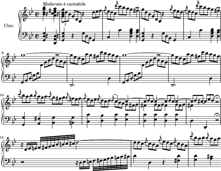 
\version "2.18.2"
\header {
  tagline = ##f
  % composer = "Domenico Scarlatti"
  % opus = "K. 347"
  % meter = "Moderato è cantabile"
}
%% les petites notes
trillBesq     = { \tag #'print { bes8\prall } \tag #'midi { c32 bes c bes } }
trillFis      = { \tag #'print { fis4\prall } \tag #'midi { g32 fis g fis~ fis8 } }
upper = \relative c'' {
  \clef treble 
  \key g \minor
  \time 2/2
  \tempo 2 = 58
  \set Staff.midiInstrument = #"harpsichord"
  \override TupletBracket.bracket-visibility = ##f
      s8*0^\markup{Moderato è cantabile}
      < bes d g bes >4 r4 < a c d fis a >4 r4 | \times 2/3 { < g bes d g >8 d' bes } \omit TupletNumber \times 2/3 { g8[ d bes] } r4 \times 2/3 { d'8 ees f } |
      \times 2/3 { \acciaccatura f8 ees8[ d c] } \times 2/3 { \acciaccatura d'8 c8 bes a } g4 \trillFis  |
      \times 2/3 { g8 d bes } \times 2/3 { g8[ d bes] } r4 \times 2/3 { \acciaccatura g''8 f8[ ees d] }
      % ms. 5
      \times 2/3 { \acciaccatura f16 ees8[ d c] } \times 2/3 { \acciaccatura d'16 c8 bes a } g4 \trillFis  | \repeat unfold 2 { g1~ |
      \times 2/3 { g8 ees d } \times 2/3 { c8[ a' g] }  \times 2/3 { fis8 c' bes } \times 2/3 { a8[ g fis] } } |
      % ms. 10
      \times 2/3 { \appoggiatura c'16 bes8[ a bes] } \times 2/3 { \appoggiatura bes16 a8[ g a] }  \times 2/3 { \appoggiatura a16 g8[ fis g] }  \times 2/3 { \appoggiatura g16 f8[ ees f] } | 
      \times 2/3 { \appoggiatura f16 ees8[ d ees] }  \times 2/3 { \appoggiatura ees16 d8[ c d] } 
      << { \omit TupletNumber  \appoggiatura d16 \stemUp c4~ c~ | \repeat unfold 2 { \times 2/3 { c8[ d c~] } c4~ } \tempo 2 = 50 \times 2/3 { c8[ d cis_~] } \tempo 2 = 45 \times 2/3 { cis8[ ees \tempo 2 = 40 d] } } 
      \\ { \omit TupletNumber  \times 2/3 { c8[ bes a] }  \repeat unfold 3 { \times 2/3 { g8[ fis g] } fis4 } } >>
      r2\fermata   \tempo 2 = 58
      % ms. 14
      r16 d16 ees e f32 fis g a bes b c cis d2~ | \times 2/3 { d8 d c } \times 2/3 { \appoggiatura d16 c8[ bes a] } \times 2/3 { \appoggiatura f'16 ees8[ d c] } \times 2/3 { \appoggiatura d16 c8[ bes a] }
      % ms. 16
      \times 2/3 { \appoggiatura c'16 bes8[ a bes] } \times 2/3 { \appoggiatura bes16 a8[ g a] }
      % ms. 19
      % ms. 21
      % ms. 24
}
lower = \relative c' {
  \clef bass
  \key g \minor
  \time 2/2
  \set Staff.midiInstrument = #"harpsichord"
  \override TupletBracket.bracket-visibility = ##f
    % ************************************** \appoggiatura a16  \repeat unfold 2 {  } \times 2/3 { }   \omit TupletNumber 
      < g, d' g >4 r4 < d a' d >4 r4 | \repeat unfold 2 { < g d' g >4 r4  \omit TupletNumber  \times 2/3 { g'8 d bes } g4 | c c' < d, g bes d > < d a' c > } |
      % ms. 6
      \repeat unfold 2 { \times 2/3 { g,8[ bes d] } \times 2/3 { g8 bes \stemDown \change Staff = "upper" d }    \times 2/3 { g8[ bes d] } \times 2/3 { \trillBesq a g }   \stemNeutral \change Staff = "lower"  d,,2. d'4 } | < g, g' >4 < a fis' > < bes g' > < b g' >
      % ms. 10
      < c c' >4 < d bes' > < ees c' > q | \repeat unfold 2 { < d c' >4 < ees c' > } | d4 d,  r2\fermata
      % ms. 14
      r2 r16 d'16 ees e f32 fis g a bes b c cis | d4 d, r4 < fis d' >4 |
      % ms. 16
      < g d' >4 < a cis>
      % ms. 19
      % ms. 21
      % ms. 24
}
thePianoStaff = \new PianoStaff <<
    \set PianoStaff.instrumentName = #"Clav."
    \new Staff = "upper" \upper
    \new Staff = "lower" \lower
  >>
\score {
  \keepWithTag #'print \thePianoStaff
  \layout {
      #(layout-set-staff-size 17)
    \context {
      \Score
     \override SpacingSpanner.common-shortest-duration = #(ly:make-moment 1/2)
      \remove "Metronome_mark_engraver"
    }
  }
}
\score {
  \keepWithTag #'midi \thePianoStaff
  \midi { }
}
