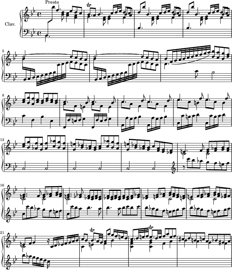 
\version "2.18.2"
\header {
  tagline = ##f
  % composer = "Domenico Scarlatti"
  % opus = "K. 47"
  % meter = "Presto"
}
%% les petites notes
trillBesq     = { \tag #'print { bes8\trill } \tag #'midi { c32 bes c bes } }
trillBesqp    = { \tag #'print { bes8.\trill } \tag #'midi { c32 bes c bes~ bes16 } }
trillEqp      = { \tag #'print { e8.\trill } \tag #'midi { f32 e f e~ e16 } }
upper = \relative c'' {
  \clef treble 
  \key bes \major
  \time 4/4
  \tempo 4 = 120
  \set Staff.midiInstrument = #"harpsichord"
  \override TupletBracket.bracket-visibility = ##f
      s8*0^\markup{Presto}
      s4 \stemUp f4. ees8 d c | \trillBesq a8 \repeat unfold 2 { bes4. c16 d32 ees d8[ c] | d bes' } | 
      % ms. 4 suite…
      bes,4. c16 d32 ees d8[ c] | \repeat unfold 2 { d2^~ d8 c bes a } | 
      % ms. 7
      bes8[ f16( g a32 bes c d ees f g a]) < d, bes' >8 < c a' > < bes g' > < d f > | < c ees > < bes g' > < a f' > < c ees > < bes d > < d f > < c ees > < bes d > | \mergeDifferentlyDottedOn \repeat unfold 2 { << { c4. bes8 } \\ { a8 f e4 } >> }
      % ms. 10
      \repeat unfold 2 { << { c'4. d8 } \\ { c8 a f4 } >> } \repeat unfold 2 { << { ees'4. f8 } \\ { ees8 c b4 } >> } | < c ees >8 < bes g' > < aes f' > < g ees' > < aes f' > < c aes' > < bes g' > < aes f' >
      % ms. 13
      < g e' >8 < bes des > < aes c > < g bes > < aes c > < c aes' > < bes g' > < aes f' > | < g e' > < bes des > < aes c > < g bes > c < f, aes > < ees g > < des f > | 
      % ms. 15
      << { e4. f8 < e g > < f aes > < g bes > < f aes > | < e g >4. f8 < e g > < f aes > < g bes > < f aes > | < e g >4. < ees ges >8  \repeat unfold 2 { < des f > < c ees > < des f > < c ees > } | < des f >8 < c ees > < des f > < ees ges > }
      \\ { \repeat unfold 5 { c2 } } >>
      % ms. 19
      << { < des f >4 < e g >8 < f aes > < g bes > < f aes > < e g > < d f > | e f < e g > < f aes > < g bes > < f aes > < ees g > f | e f g4 } 
      \\ { s2 \repeat unfold 4 { c,2 } } >> r16 c16 d ees f g a bes |
      % ms. 22
      c8 bes \trillBesqp a32 g a8 a' g16 f e d | c8. \omit TupletNumber \times 2/3 { d32 e f } \trillEqp d32 e f8 a e f | cis d b c a bes gis a | 
}
lower = \relative c' {
  \clef bass
  \key bes \major
  \time 4/4
  \set Staff.midiInstrument = #"harpsichord"
  \override TupletBracket.bracket-visibility = ##f
    % ************************************** \appoggiatura a16  \repeat unfold 2 {  } \times 2/3 { }   \omit TupletNumber 
      << { bes,8[ \stemDown \change Staff = "upper"  bes'''] } \\ { \mergeDifferentlyDottedOn bes,,,4. } >> \stemDown \change Staff = "upper"  < bes'' d >8 < a c >4 < f a > |
      g4. \repeat unfold 2 { < d f >8 < ees g >4 << { \shiftOn bes'8 a } \\ { f4 } >>  \stemUp  \change Staff = "lower" bes,4. \stemDown \change Staff = "upper" }
      % ms. 4
      < d f >8 < ees g >4 << { \shiftOn bes'8 a } \\ { f4 } >> \repeat unfold 2 { bes16  \stemUp  \change Staff = "lower" bes,, c d \stemDown ees32 f g a bes  \change Staff = "upper"  c d ees f8 ees d c \stemDown } 
      % ms. 7
      d4. \stemNeutral \change Staff = "lower" c8 bes2 | c4 f, bes ees, | \repeat unfold 2 { f,16 f' e f g4 } 
      % ms. 10
      \repeat unfold 2 { a,16 a' g a bes4 } | \repeat unfold 2 { c,16 c' b c d4 } |
      % ms. 12
      \repeat unfold 6 { c,2 } |   \clef treble 
      % ms. 15
      r8 \repeat unfold 2 { c'''8 bes aes g f e f | c } c' bes a \repeat unfold 2 { bes4. a8 } bes8 c bes c 
      % ms. 19
      \repeat unfold 2 { bes aes g f e f g aes } | bes[ aes] g16 f ees d c s16 s8 s4 | \stemDown \change Staff = "upper"
      % ms. 22
      c,4 e f bes | < c, f a > < c g' bes > f a | bes a g f |
}
thePianoStaff = \new PianoStaff <<
    \set PianoStaff.instrumentName = #"Clav."
    \new Staff = "upper" \upper
    \new Staff = "lower" \lower
  >>
\score {
  \keepWithTag #'print \thePianoStaff
  \layout {
      #(layout-set-staff-size 17)
    \context {
      \Score
     \override SpacingSpanner.common-shortest-duration = #(ly:make-moment 1/2)
      \remove "Metronome_mark_engraver"
    }
  }
}
\score {
  \keepWithTag #'midi \thePianoStaff
  \midi { }
}
