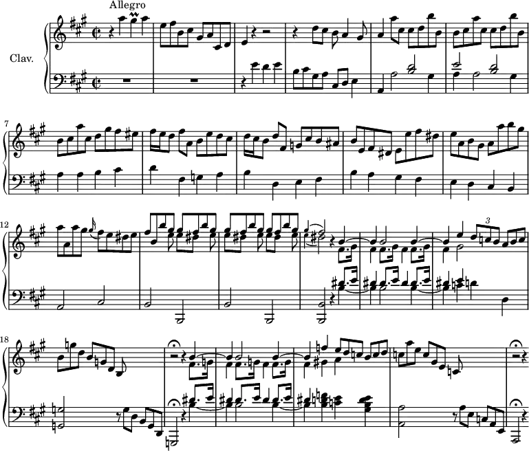 
\version "2.18.2"
\header {
  tagline = ##f
}
%% les petites notes
trillGis     = { \tag #'print { gis4\prall } \tag #'midi { a32 gis a gis~ gis8~ } }
upper = \relative c'' {
  \clef treble 
  \key a \major
  \time 2/2
  \tempo 2 = 68
  \set Staff.midiInstrument = #"harpsichord"
  \override TupletBracket.bracket-visibility = ##f
      s8*0^\markup{Allegro}
      r4 a'4 \trillGis a4 | e8 fis b, cis gis a cis, d | e4 r4 r2 | r4 d'8 cis b a4 gis8 |
      % ms. 5
      a4 \repeat unfold 2 { a'8 cis, cis d b' b, | b cis } a'8 cis, d gis fis eis | fis16[ e d8] fis8 a, b e d cis |
      % ms. 9
      d16[ cis b8] d fis, g cis b ais | b e, fis dis e e' fis dis | e a, b gis a a' b gis | a a, a' gis \appoggiatura gis16 fis8 e dis e |
      % ms. 13
      << { fis8 b, b' \repeat unfold 3 { gis8 gis fis b } gis8 | \appoggiatura gis4 fis2 } 
      \\ { s4.  \repeat unfold 3 { e8 e[ dis] s8 } e8 | \appoggiatura e4 dis2 } >> |
      r4 << { b4~ | b4 b2 b4~ | b4   e4 \times 2/3 { d8 c b } \omit TupletNumber \times 2/3 { a8[ b c] } } \\ { \repeat unfold 3 { fis,8. gis16 fis4 } gis2 } >> \omit TupletNumber
      % ms. 18
      \times 2/3 { b8 g' d } \times 2/3 { b8[ g d] } \times 2/3 { b8 s4 } s4 | r2\fermata r4 
      % ms. 19 fin
      << { b'4~ | b4 b2 b4~ | b4  \omit TupletNumber f'4 \times 2/3 { e8 d c } \times 2/3 { b8[ c d] } } \\ { \repeat unfold 3 { fis,8. g16 fis4 } gis!4 a } >>
      % ms. 22
      \times 2/3 { c8 a' e } \times 2/3 { c8[ gis e] } \times 2/3 { c8 s4 } s4 | r2\fermata r4 
}
lower = \relative c' {
  \clef bass
  \key a \major
  \time 2/2
  \set Staff.midiInstrument = #"harpsichord"
  \override TupletBracket.bracket-visibility = ##f
    % **************************************
      R1*2 | r4 e4 d e | b8 cis gis a cis, d e4 | 
      % ms. 5
      a,4 << { s4 < b' d >2 | e2 < b d > } \\ { a2 gis4 | a a2 gis4 } >> | a4 a b cis | d fis, g a |
      % ms. 9
      b4 d, e fis | b a gis fis | e d cis b | a2 cis |
      % ms. 13
      b2 b, | b' b, | < b b' >2 r4 
      % ms. 15 fin
      << { \repeat unfold 3 { dis''8. e16 dis4 } e4 } \\ { b4~ | b4 b2 b4~ | b4 c d d, } >>
      % ms. 18
      < g, g' >2 \omit TupletNumber \times 2/3 { r8 g'8 d } \times 2/3 { b8[ g d] } g,2\fermata r4
      % ms. 19 fin 
      << { \repeat unfold 3 { dis'''8. e16 dis4 } } \\ { b4~ | b4 b2 b4~ | b4 < b d f >4 < c e > < gis b d e > } >>
      % ms. 22
      < a, a' >2 \omit TupletNumber \times 2/3 { r8 a'8 e } \times 2/3 { c8[ a e] } a,2\fermata r4
}
thePianoStaff = \new PianoStaff <<
    \set PianoStaff.instrumentName = #"Clav."
    \new Staff = "upper" \upper
    \new Staff = "lower" \lower
  >>
\score {
  \keepWithTag #'print \thePianoStaff
  \layout {
      #(layout-set-staff-size 17)
    \context {
      \Score
     \override SpacingSpanner.common-shortest-duration = #(ly:make-moment 1/2)
      \remove "Metronome_mark_engraver"
    }
  }
}
\score {
  \keepWithTag #'midi \thePianoStaff
  \midi { }
}
