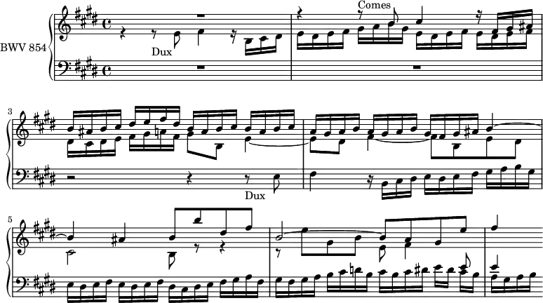 
\version "2.18.2"
\header {
  tagline = ##f
}
Dux   = { r4 r8_\markup{Dux} \stemDown e8 fis4 r16 b,16 cis dis e dis e fis gis a b gis e16 dis e fis e dis e fis dis }
Comes = { r4 r8^\markup{Comes} \stemUp b8 cis4 r16 fis,16 gis ais b ais b cis dis e fis dis b16 a b cis b a b cis }
upper = \relative c'' {
  \clef treble 
  \key e \major
  \time 4/4
  \tempo 4 = 104
  \set Staff.midiInstrument = #"harpsichord" 
   %% FUGUE CBT I-9, BWV 854, mi majeur
   << { R1 \Comes | a16 gis a b a gis a b gis fis gis ais b4~ | b4 ais b8 b' dis, fis | b,2~ b8 a gis e' | fis4 } \\ { \relative c' \Dux cis,16 dis e fis gis a fis gis8 b, e4~ e8 dis fis4~ fis8 b, e dis cis2 b8 r8 r4 r8 e'8 gis, b e,8 fis4 } >> %
}
lower = \relative c {
  \clef bass 
  \key e \major
  \time 4/4
  \set Staff.midiInstrument = #"harpsichord" 
   R1*2 r2 \Dux cis16 dis e fis gis a fis | gis fis gis a b cis d b cis b cis dis e dis << { e8 e4 } \\ {cis16 b a gis a b} >>
} 
\score {
  \new PianoStaff <<
    \set PianoStaff.instrumentName = #"BWV 854"
    \new Staff = "upper" \upper
    \new Staff = "lower" \lower
  >>
  \layout {
    \context {
      \Score
      \remove "Metronome_mark_engraver"
    }
  }
  \midi { }
}
