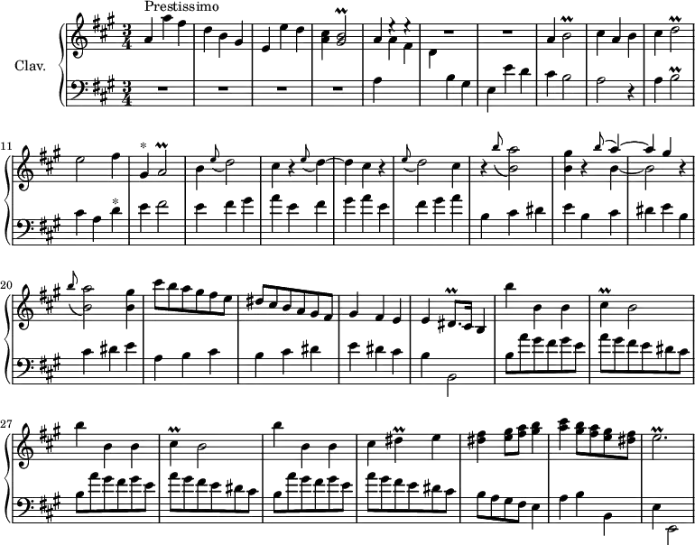 
\version "2.18.2"
\header {
  tagline = ##f
  % composer = "Domenico Scarlatti"
  % opus = "K. 537"
  % meter = "Prestissimo"
}
%% les petites notes
trillGisBb     = { \tag #'print { < gis b >2\prall } \tag #'midi { << { cis16 b cis b~ b4 } \\ { gis2 } >> } }
trillBb        = { \tag #'print { b2\prall } \tag #'midi { cis16 b cis b~ b4 } }
trillDb        = { \tag #'print { d2\prall } \tag #'midi { e16 d e d~ d4 } }
trillAb        = { \tag #'print { a2\prall } \tag #'midi { b16 a b a~ a4 } }
trillDisqp     = { \tag #'print { dis8.\prall } \tag #'midi { \times 2/3 { dis16 e dis~ } dis16 } }
trillCis       = { \tag #'print { cis4\prall } \tag #'midi { d16 cis d cis } }
trillDis       = { \tag #'print { dis4\prall } \tag #'midi { e16 dis e dis } }
trillEbp       = { \tag #'print { e2.\prall } \tag #'midi { fis16 e fis e~ e2 } }
upper = \relative c'' {
  \clef treble 
  \key a \major
  \time 3/4
  \tempo 4 = 230 % Tempo de Ross
  \set Staff.midiInstrument = #"harpsichord"
  \override TupletBracket.bracket-visibility = ##f
      s8*0^\markup{Prestissimo}
      a4 a' fis d b gis | e e' d | < a cis > \trillGisBb | a4 e'4\rest e4\rest | R2.*2 |
      % ms. 8
      a,4 \trillBb | cis4 a b | cis \trillDb | e2 fis4 | gis,4^\markup{*} \trillAb | b4 \appoggiatura e8 d2 |
      % ms. 14
      cis4 r4 \appoggiatura e8 d4~ | d cis r4 | \appoggiatura e8 d2 cis4 |
      % ms. 17
      r4 \appoggiatura b'8 < b, a' >2 | < b gis' >4 r4 << { \appoggiatura b'8  a4~ | a4 gis } \\ { b,4~ | b2 } >> r4 | \appoggiatura b'8 < b, a' >2 < b gis' >4
      % ms. 21
      cis'8 b a gis fis e | dis cis b a gis fis | gis4 fis e | e \trillDisqp cis16   \tempo 4 = 120 b4   \tempo 4 = 230 | \repeat unfold 2 { b''4 b, b | \trillCis b2 } | 
      % ms. 29
      b'4 b, b | cis \trillDis e4 | <dis fis >4 < e gis >8 < fis a > < gis b >4 | < a cis >4 < gis b >8 < fis a > < e gis > < dis fis >
      % m. 33
      \trillEbp
}
lower = \relative c' {
  \clef bass
  \key a \major
  \time 3/4
  \set Staff.midiInstrument = #"harpsichord"
  \override TupletBracket.bracket-visibility = ##f
    % **************************************
      R2.*4 | a4 \stemDown \change Staff = "upper"  a' fis d  \change Staff = "lower"  b gis |
      % ms. 7
      e4 e' d | cis b2 | a r4 | a \trillBb | cis4 a d^\markup{*} | e fis2 | \repeat unfold 3 { e4 fis gis |
      % ms. 14
      a4 } | \repeat unfold 3 { b,4 cis dis e } 
      % ms. 21
      a,4 b cis | b cis dis | e dis cis | b b,2 | \repeat unfold 3 { b'8 a' gis fis gis e | a gis fis e dis cis } |
      % ms. 31
      b8 a gis fis e4 | a4 b b, | 
      % ms. 33
      e4 e,2 | 
}
thePianoStaff = \new PianoStaff <<
    \set PianoStaff.instrumentName = #"Clav."
    \new Staff = "upper" \upper
    \new Staff = "lower" \lower
  >>
\score {
  \keepWithTag #'print \thePianoStaff
  \layout {
      #(layout-set-staff-size 17)
    \context {
      \Score
     \override SpacingSpanner.common-shortest-duration = #(ly:make-moment 1/2)
      \remove "Metronome_mark_engraver"
    }
  }
}
\score {
  \keepWithTag #'midi \thePianoStaff
  \midi { }
}
