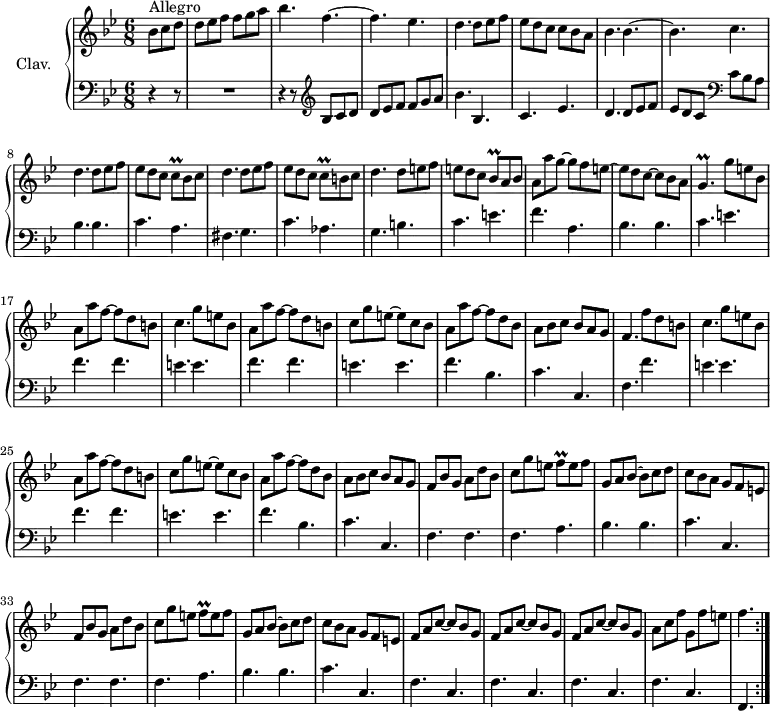 
\version "2.18.2"
\header {
  tagline = ##f
  % composer = "Domenico Scarlatti"
  % opus = "K. 334"
  % meter = "Allegro"
}
%% les petites notes
trillCq      = { \tag #'print { c8\prall } \tag #'midi { d32 c d c } }
trillBesq    = { \tag #'print { bes8\prall } \tag #'midi { c32 bes c bes } }
trillGp      = { \tag #'print { g4.\prall } \tag #'midi { a32 g a g~ g4 } }
trillFq      = { \tag #'print { f8\prall } \tag #'midi { g32 f g f } }
upper = \relative c'' {
  \clef treble 
  \key bes \major
  \time 6/8
  \tempo 4. = 102
  \repeat volta 2 {
      s8*0^\markup{Allegro}
      \partial 4. 
      bes8 c d | d ees f f g a | bes4. f~ | f ees | d d8 ees f |
      % ms. 5
      ees d c c bes a | bes4. bes~ | bes c | d d8 ees f | ees d c \trillCq bes c |
      % ms. 10
      d4. d8 ees f | ees d c \trillCq b8 c | d4. d8 e f | e d c \trillBesq a8 bes | a a' g~ g f e~ |
      % ms. 15
      e8 d c~ c bes a | \trillGp g'8 e bes | a a' f~ f d b | c4. g'8 e bes | a a' f~ f d b | 
      % ms. 20
      c g' e~ e c bes | a a' f~ f d bes | a bes c bes a g | f4. f'8 d b | c4. g'8 e bes |
      % ms. 25
      a8 a' f~ f d b | c g' e~ e c bes | a a' f~ f d bes | a bes c bes a g | f bes g a d bes |
      % ms. 30
      c8 g' e \trillFq e8 f | g, a bes~ bes c d | c bes a g f e | f bes g a d bes | c g' e \trillFq e8 f |
      % ms. 35
      g,8 a bes~ bes c d | c bes a g f e | \repeat unfold 3 { f a c~ c bes g } |
      % ms. 40
      a8 c f g, f' e |   \tempo 4. = 56 f4.   \tempo 4. = 102 }%repet
}
lower = \relative c' {
  \clef bass
  \key bes \major
  \time 6/8
  \repeat volta 2 {
    % ************************************** \appoggiatura a16  \repeat unfold 2 {  } \times 2/3 { }   \omit TupletNumber 
      r4 r8 | R2. | r4 r8   \clef treble  bes8 c d | d ees f f g a | bes4. bes, |
      % ms. 5
      c4. ees | d d8 ees f | ees d c \clef bass c bes a | bes4. bes | c a |
      % ms. 10
      fis4. g | c aes | g b | c e | f a, |
      % ms. 15
      bes4. bes | c e | \repeat unfold 2 { f f |
      % ms. 20
       e e } | f bes, | c c, | f f' | e e |
      % ms. 25
      f4. f | e e | f bes, | c c, | \repeat unfold 2 { f f |
      % ms. 30
      f4. a | bes bes |
      % ms. 36
       c c, } | \repeat unfold 4 { f c } | f,4. }%repet
}
thePianoStaff = \new PianoStaff <<
    \set PianoStaff.instrumentName = #"Clav."
    \new Staff = "upper" \upper
    \new Staff = "lower" \lower
  >>
\score {
  \keepWithTag #'print \thePianoStaff
  \layout {
      #(layout-set-staff-size 17)
    \context {
      \Score
     \override TupletBracket.bracket-visibility = ##f
     \override SpacingSpanner.common-shortest-duration = #(ly:make-moment 1/2)
      \remove "Metronome_mark_engraver"
    }
  }
}
\score {
  \unfoldRepeats
  \keepWithTag #'midi \thePianoStaff
  \midi { \set Staff.midiInstrument = #"harpsichord" }
}
