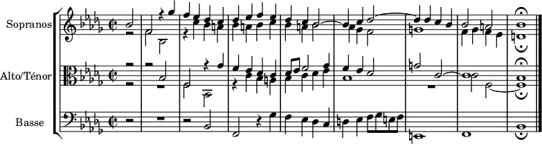 
\version "2.14.2"
\header {
  tagline = ##f
}
global= {
  \time 2/2
  \key bes \minor
  \tempo 2 = 54
  \set Score.currentBarNumber = #67
}
Dux    = { bes2 f r4 ges'4 f ees des c }
Comes = { f2 bes, r4 c'4 bes a bes }
sopranos = \new Voice \relative c'' {
  \set Staff.instrumentName = #"Sopranos"
  \partial 2
  << { \Dux des4 ees f ees des c bes2~ bes4 c des2~ des4 des c bes bes2 a   \tempo 2 = 34 bes1\fermata } \\ { r2 \relative c' { \Comes } a4 bes c bes a bes2 aes4 ges f2 g1 f4 ges f ees d1\fermata } >> \bar "|."
}
altoTenor = \new Voice \relative c' {
  \set Staff.instrumentName = #"Alto/Ténor"
  \clef alto
  << { r2 r2  \Dux des8 ees f2 ges4 f ees des2 g c,~ c1 bes1\fermata } \\ { r2 R1 \relative c { \Comes } c4 des ees bes1 R1 c2 f,~ f1\fermata } >>
}
basse = \new Voice \relative c {
  \set Staff.instrumentName = #"Basse "
  \clef bass
  r2 R1 r2 \Dux d4 ees f8 ges e f e,1 f bes_\fermata
}
\score {
  \new StaffGroup <<
    \new Staff << \global \sopranos >>
    \new Staff << \global \altoTenor >>
    \new Staff << \global \basse >>
  >>
  \layout {
    \context {
      \Score
      \remove "Metronome_mark_engraver"
    }
  }
  \midi { }
}
