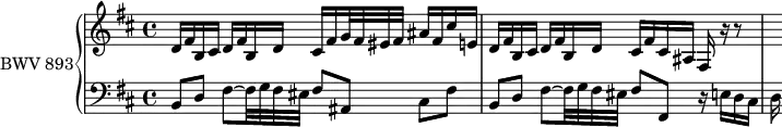 
\version "2.18.2"
\header {
  tagline = ##f
}
upper = \relative c' {
  \clef treble 
  \key b \minor
  \time 4/4
  \tempo 4 = 66 % les tempos sont ceux de Keller (en général)
  \set Staff.midiInstrument = #"harpsichord" 
   %% PRÉLUDE CBT II-24, BWV 893, si mineur
   d16 fis b, cis d fis b, d cis fis g32 fis eis fis ais16 fis cis' e, 
   d16 fis b, cis d fis b, d cis fis cis ais fis r16 r8 s16
}
lower = \relative c {
  \clef bass 
  \key b \minor
  \time 4/4
  \set Staff.midiInstrument = #"harpsichord" 
   b8 d fis8~ fis32 g fis eis fis8 ais, cis[ fis]
   b,8 d fis8~ fis32 g fis eis fis8 fis, r16 e'16 d cis d
} 
\score {
  \new PianoStaff <<
    \set PianoStaff.instrumentName = #"BWV 893"
    \new Staff = "upper" \upper
    \new Staff = "lower" \lower
  >>
  \layout {
    \context {
      \Score
      \remove "Metronome_mark_engraver"
      \override SpacingSpanner.common-shortest-duration = #(ly:make-moment 1/2) 
    }
  }
  \midi { }
}
