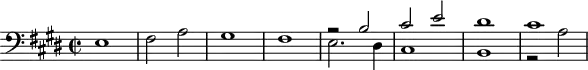 
\version "2.18.2"
\header {
  tagline = ##f
}
\score {
  \new Staff \with {
  }
<<
  \relative c {
    \clef bass
    \key e \major
    \time 2/2
    \tempo 2 = 82
    \set Staff.midiInstrument = #"harpsichord" 
     %%
     e1 fis2 a gis1 fis 
     << { r2 b2 cis e dis1 cis } \\ { e,2. dis4 cis1 b r2 a'2~ } >>  
  }
>>
  \layout {
     \context { \Score \remove "Metronome_mark_engraver" }
  }
  \midi {}
}
