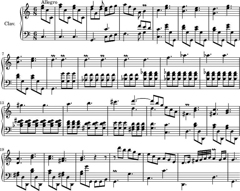
\version "2.18.2"
\header {
  tagline = ##f
  % composer = "Domenico Scarlatti"
  % opus = "K. 340"
  % meter = "Allegro"
}
%% les petites notes
trillB      = { \tag #'print { b4\prall } \tag #'midi { c32 b c b~ b8 } }
trillDp     = { \tag #'print { d4.\prall } \tag #'midi { e32 d e d~ d4 } }
trillFisp   = { \tag #'print { fis4.\prall } \tag #'midi { g32 fis g fis~ fis4 } }
trillA      = { \tag #'print { a4\prall } \tag #'midi { b32 g b g~ g8 } }
trillGp     = { \tag #'print { g4.\prall } \tag #'midi { a32 g a g~ g4 } }
upper = \relative c'' {
  \clef treble 
  \key c \major
  \time 6/8
  \tempo 4. = 94
  \set Staff.midiInstrument = #"harpsichord"
  \override TupletBracket.bracket-visibility = ##f
      s8*0^\markup{Allegro}
      \partial 4. \stemDown < e g >8 c c, | < f' a > c c, < e' g > c c, | << { f'4 f8 } \\ { d8 g, d' } >> < c e >8 f g | a f d a \trillB
      % ms. 4
      c4. < e g >4. | < b f' > < c e > | < g d' > < e' g > | < b f' > < c e > | \repeat unfold 5 { \trillDp }
      % ms. 10 suite
      d4. f aes aes aes
      % ms. 13
      gis4. gis a b cis << { d4.~ d8 b g } \\ { d4. d4. } >> e8 c a
      % ms. 17
      \trillFisp \stemNeutral < b d >4. | < fis c' > < g b > | < d a' > < b' d > | < a c > < fis a > | < g b > r4 r8 |
      % ms. 22
      r8 d'' b b g e | e c a a g e | d8. e16 fis32[ g a b] \trillA g16 a | g4.
}
lower = \relative c' {
  \clef bass
  \key c \major
  \time 6/8
  \set Staff.midiInstrument = #"harpsichord"
  \override TupletBracket.bracket-visibility = ##f
    % ************************************** \appoggiatura a16  \repeat unfold 2 {  } \times 2/3 { }   \omit TupletNumber 
      c,4. c c g << { c'4. |s4. f8 e d } \\ { c,8 d e | f4. f8 g4 } >> | 
      % ms. 4
      < c, c' >4. \stemDown < e' g >8 g, g, | < d'' f > g, g, < c' e > g g, | < b' d > g g, < e'' g >8 g, g, | < d'' f > g, g, < c' e > g g, | g4. < g' g' >8 q q |
      % ms. 9
      < aes f' > q q q q q | < bes f' > q q < bes f' aes > q q | q q q q q q | < b f' aes > q q q q q |
      % ms. 13
      < bes d f gis >8 q q q q q | < a d f > q q < gis d' e > q q | < g e' > q q < fis a d > q q | < g d' >4. < c, c' >
      % ms. 17
      d4. < b' d >8 d, d, | < a'' c >8 d, d, < g' b > d d, | < fis' a > d d,  < b'' d >8 d, d, | < a'' c >8 d, d, < fis' a > d d, | < g' b > g' g,, g g b |
      % ms. 22
      \trillGp g'4. | c, c' | d,, d' | g,
}
thePianoStaff = \new PianoStaff <<
    \set PianoStaff.instrumentName = #"Clav."
    \new Staff = "upper" \upper
    \new Staff = "lower" \lower
  >>
\score {
  \keepWithTag #'print \thePianoStaff
  \layout {
      #(layout-set-staff-size 17)
    \context {
      \Score
     \override SpacingSpanner.common-shortest-duration = #(ly:make-moment 1/2)
      \remove "Metronome_mark_engraver"
    }
  }
}
\score {
  \keepWithTag #'midi \thePianoStaff
  \midi { }
}
