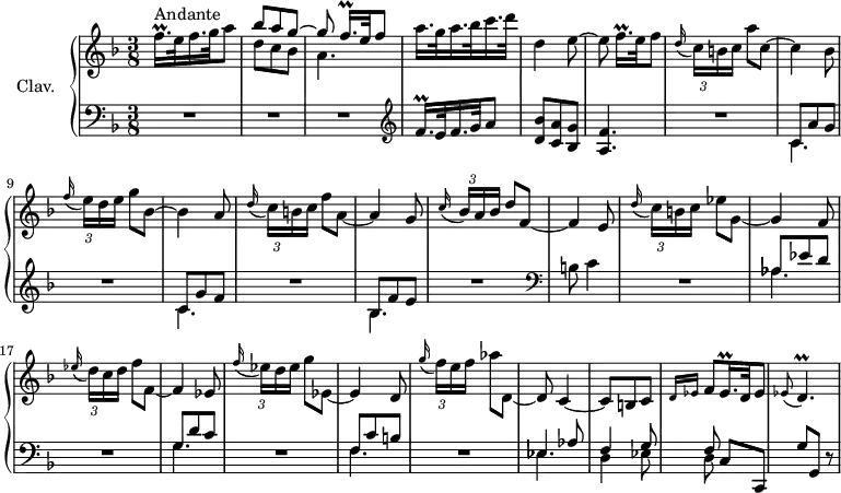 
\version "2.18.2"
\header {
  tagline = ##f
  % composer = "Domenico Scarlatti"
  % opus = "K. 194"
  % meter = "Andante"
}
%% les petites notes
trillFqqp     = { \tag #'print { f16.\prall[ } \tag #'midi { \times 2/3 { g32 f g } f32 } }
trillDp       = { \tag #'print { d4.\prall } \tag #'midi { ees32 d ees d~ d4 } }
trillEqqp     = { \tag #'print { ees16.\prall } \tag #'midi { \times 2/3 { f32 ees f } ees32 } }
upper = \relative c'' {
  \clef treble 
  \key f \major
  \time 3/8
  \tempo 4. = 56
  \set Staff.midiInstrument = #"harpsichord"
  \override TupletBracket.bracket-visibility = ##f
      s8*0^\markup{Andante}
      \trillFqqp e32 f16. g32 a8] | << { bes8 a g~ | g \trillFqqp e32 f8] } \\ { d8 c bes | a4. } >> | a'16. g32 a16. bes32 c16. d32 | d,4 e8~ | e \trillFqqp e32 f8] |
      % ms. 7
      \times 2/3 { \appoggiatura d16 c16[ b c] } a'8 c,~ | c4 bes8 | \times 2/3 { \appoggiatura f'16 e16[ d e] } g8 bes,~ | bes4 a8 | \times 2/3 { \appoggiatura d16 c16[ b c] } f8 a,~ | a4 g8 | \times 2/3 { \appoggiatura c16 bes16[ a bes] } d8 f,~ |
      % ms. 14
      f4 e8 | \times 2/3 { \appoggiatura d'16 c16[ b c] } ees8 g,~ | g4 f8 | \times 2/3 { \appoggiatura ees'16 d16[ c d] } f8 f,~ | f4 ees8 | \times 2/3 { \appoggiatura f'16 ees16[ d ees] } g8 ees,~ | ees4 d8 |
      % ms. 21
      \times 2/3 { \appoggiatura g'16 f16[ e f] } aes8 d,,~ | d8 c4~ | c8 b c | \grace { \tempo 4. = 30 d16 ees }   \tempo 4. = 56 f8 \trillEqqp d32 ees8 | \appoggiatura ees8 \trillDp 
      % ms. 28
      % ms. 35
      % ms. 42
      % ms. 49
}
lower = \relative c' {
  \clef bass
  \key f \major
  \time 3/8
  \set Staff.midiInstrument = #"harpsichord"
  \override TupletBracket.bracket-visibility = ##f
    % ************************************** \appoggiatura a16  \repeat unfold 2 {  } \times 2/3 { }   \omit TupletNumber 
      R4.*3 |   \clef treble  \trillFqqp e32 f16. g32 a8] | < d, bes' >8 < c a' > < bes g' > | < a f' >4. |
      % ms. 7
      R4. | << { c8 a' g } \\ { \mergeDifferentlyDottedOn c,4. } >> | R4. | << { c8 g' f } \\ { c4. } >> | R4. | << { bes8 f' e } \\ { bes4. } >> | R4. |   \clef bass
      % ms. 14
      b8 c4 | R4. | << { aes8 ees' d } \\ { aes4. } >> | R4. | << { g8 d' c } \\ { g4. } >> | R4. | << { f8 c' b } \\ { f4. } >> |
      % ms. 21
      R4. | << { ees4 aes8 | f4 g8 | f8  } \\ { ees4. | d4 ees8 | d } >> c8 c, | g'' g, r8 | 
      % ms. 28
      % ms. 35
      % ms. 42
      % ms. 49
}
thePianoStaff = \new PianoStaff <<
    \set PianoStaff.instrumentName = #"Clav."
    \new Staff = "upper" \upper
    \new Staff = "lower" \lower
  >>
\score {
  \keepWithTag #'print \thePianoStaff
  \layout {
      #(layout-set-staff-size 17)
    \context {
      \Score
     \override SpacingSpanner.common-shortest-duration = #(ly:make-moment 1/2)
      \remove "Metronome_mark_engraver"
    }
  }
}
\score {
  \keepWithTag #'midi \thePianoStaff
  \midi { }
}
