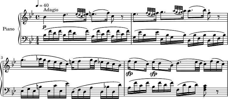 
\version "2.14.2"
\header {
  tagline = ##f
}
upper= \relative c' {
  \clef treble
  \key bes \major
  \time 4/4
  \tempo 4 = 40
  \set Staff.midiInstrument = #"piano"
     bes'4\p^\markup { Adagio } d8. [ \grace { ees32 (d c d  } ees16]) e8. (f16) c8 r8
    ees8.[  \grace { f32 (ees d ees } f16])    g8. [ \grace { a32 (g f g  } a16]) a8. (bes16) f8-! r8
    g8. (aes32 g f16 ees d c) e16 (f8 g32 f ees16 d c bes)
    f'16\sfp (ees8 c16) ees16\sfp (d8 bes16) d8. (ees32 d c16) f (ees c)
  }
lower=\relative c {
    \clef bass
    \key bes \major
    \numericTimeSignature
    \time 4/4
     bes'16 (f' d f bes, f' d f) a,  (f' c f a, f' c f)
    g,16 (ees' bes ees ees, bes' g bes) d,  (bes' f bes d, bes'  f bes)
    ees,16 (g ees b' ees, c' ees, ees') d,  (f d a' d, bes'!  d, d')
    a16 (f' c f bes, f' d f) f, (d' bes d) <f, a c>8 r8
  }
\score {
       \new PianoStaff \with { instrumentName = #"Piano" }
       <<
         \new Staff = "upper" \upper
         \new Staff = "lower" \lower
       >>
\layout { }
\midi { } }
