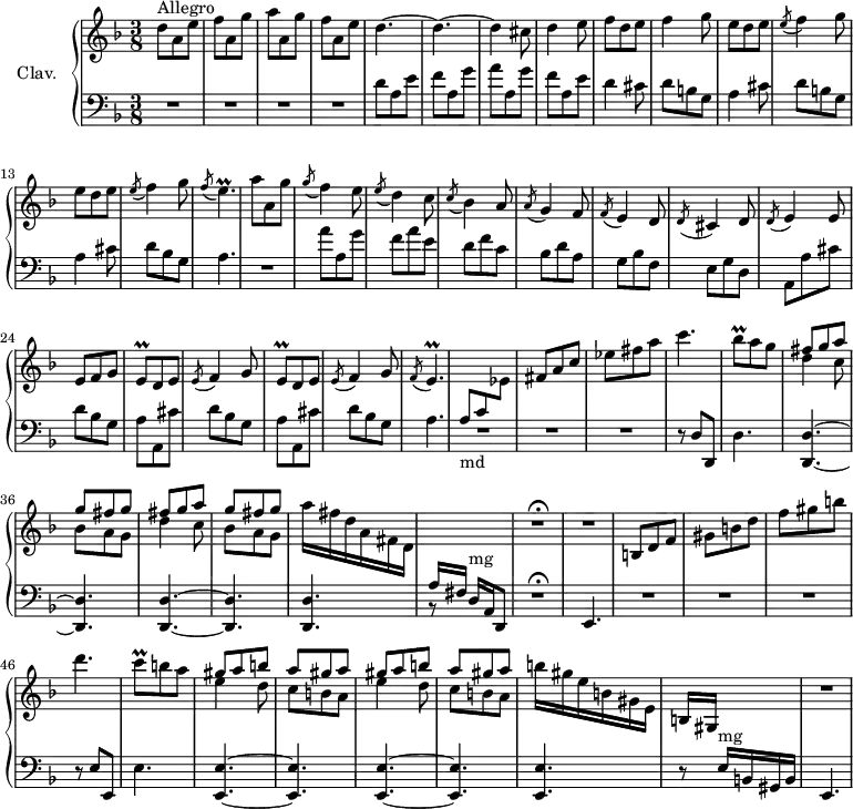 
\version "2.18.2"
\header {
  tagline = ##f
  % composer = "Domenico Scarlatti"
  % opus = "K. 295"
  % meter = "Allegro"
}
%% les petites notes
trillEq     = { \tag #'print { e8\prall } \tag #'midi { f32 e f e } }
trillEp     = { \tag #'print { \acciaccatura f8 e4.\prall } \tag #'midi { e32 f e f e~ e32~ e16~   \tempo 4. = 60 e8   \tempo 4. = 92 } }
trillBesq   = { \tag #'print { bes8\prall } \tag #'midi { c32 bes c bes } }
trillCq     = { \tag #'print { c8\prall } \tag #'midi { d32 c d c } }
upper = \relative c'' {
  \clef treble 
  \key d \minor
  \time 3/8
  \tempo 4. = 92
  \set Staff.midiInstrument = #"harpsichord"
  \override TupletBracket.bracket-visibility = ##f
      s8*0^\markup{Allegro}
      d8 a e' | f a, g' | a a, g' | f a, e' | d4.~ | d~ | d4 cis8 |
      % ms. 8
      d4 e8 | f d e | f4 g8 | \repeat unfold 2 { e d e | \acciaccatura e8 f4 g8 } | \trillEp 
      % ms. 16
      a8 a, g' | \acciaccatura g8 f4 e8 | \acciaccatura e8 d4 c8 | \acciaccatura c8 bes4 a8 | \acciaccatura a8 g4 f8 | \acciaccatura f8 e4 d8 | \acciaccatura d8 cis4 d8 | \acciaccatura d8 e4 e8 |
      % ms. 24
      e8 f g | \repeat unfold 2 { \trillEq d8 e | \acciaccatura e8 f4 g8 } | \trillEp |  \stemUp  \change Staff = "lower" a,8_\markup{md} c \stemNeutral  \change Staff = "upper"  ees fis a c |
      % ms. 32
      ees fis a | c4. | \trillBesq a8 g | \repeat unfold 2 { << { fis8 g a | g fis g } \\ { d4 c8 | bes a g } >> } | a'16 fis d a fis d 
      % ms. 40
       \stemUp  \change Staff = "lower" a[ fis]  \stemNeutral  \change Staff = "upper" s4 | R4.\fermata R4. | b8 d f | gis b d | f gis b | d4. | \trillCq b8 a |
      % ms. 48
      \repeat unfold 2 { << { gis a b | a gis a } \\ { e4 d8 | c b a } >> } | b'16 gis e b gis e | b[ gis] s4 | 
      % ms. 54
      R4.
}
lower = \relative c' {
  \clef bass
  \key d \minor
  \time 3/8
  \set Staff.midiInstrument = #"harpsichord"
  \override TupletBracket.bracket-visibility = ##f
    % **************************************
       R4.*4 | d8 a e' | f a, g' | a a, g' |
      % ms. 8
      f8 a, e' | d4 cis8 | \repeat unfold 2 { d8 b g | a4 cis8 } | d bes g | a4. |
      % ms. 16
      R4. | a'8 a, g' | f a e | d f c | bes d a | g bes f | e g d | a a' cis |
      % ms. 24
      \repeat unfold 2 { d8 bes g | a a, cis' } | d8 bes g | a4. | R4.*3 |
      % ms. 33
      r8 d,8 d, | d'4. | < d, d' >4.~ q | q~ | q | q
      % ms. 40
      r8 d'16^\markup{mg} a \tempo 4. = 60 d,8 \tempo 4. = 92 | R4.\fermata e4. | R4.*3 | r8 e'8 e, | e'4. |
      % ms. 48
      < e, e' >4.~ | q | q~ | q | q | r8 e'16^\markup{mg} b gis b 
      % ms. 54
      e,4. | 
}
thePianoStaff = \new PianoStaff <<
    \set PianoStaff.instrumentName = #"Clav."
    \new Staff = "upper" \upper
    \new Staff = "lower" \lower
  >>
\score {
  \keepWithTag #'print \thePianoStaff
  \layout {
      #(layout-set-staff-size 17)
    \context {
      \Score
     \override SpacingSpanner.common-shortest-duration = #(ly:make-moment 1/2)
      \remove "Metronome_mark_engraver"
    }
  }
}
\score {
  \keepWithTag #'midi \thePianoStaff
  \midi { }
}
