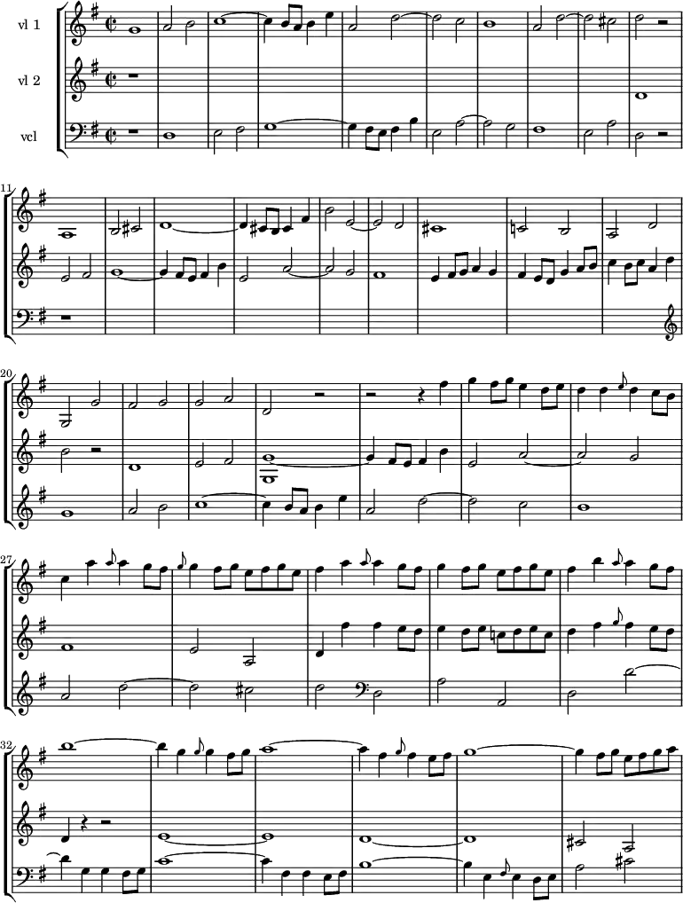 
\version "2.14.2"
\header {
  tagline = ##f
}
global= {
  \time 2/2
  \key g \major
  \tempo 2 = 100
  \set Staff.midiInstrument = #"violin"
}
%%%%% D'après le manuscrit BnF
violonO = \new Voice \relative c'' {
  \set Staff.instrumentName = #"vl 1"
    g1 a2 b c1~ c4 b8 a b4 e a,2 d~ d c b1 a2 d~
    d cis d r2 
   % Mesure 11
    a,1 b2 cis d1~ d4 cis8 b cis4 fis b2 e,~ e d 
    cis1 c!2 b a d g, g' fis g g a d, r2
   % Mesure 23
    r2 r4 fis'4 g fis8 g e4 d8 e d4 d \grace {e8} d4 c8 b c4 a' \grace {a8} a4 g8 fis
    \grace {g8} g4 fis8 g e8 fis g e fis4 a \grace {a8} a4 g8 fis g4 fis8 g e fis g e
   % Mesure 30
    fis4 b \grace {a8} a4 g8 fis b1~ b4 g \grace {g8} g4 fis8 g a1~ a4 fis \grace {g8} fis4 e8 fis g1~ g4 fis8 g e fis g a
}
violonOO = \new Voice \relative c' {
  \set Staff.instrumentName = #"vl 2"
  \clef treble
  { 
    r1*9
   % mesure 10
    d1 e2 fis g1~ g4 fis8 e fis4 b e,2 a2~ a g fis1
    e4 fis8 g a4 g fis e8 d g4 a8 b c4 b8 c a4 d b2 r2 
   % Mesure 21
    d,1 e2 fis < g g, >1~
    g4 fis8 e fis4 b e,2 a~ a g fis1 e2 a, d4 fis'4 fis e8 d e4 d8 e c!8 d e c
    d4 fis \grace {g8} fis4 e8 d d,4 r4 r2
   % Mesure 33
    e1~ e d~ d cis2 a
 }
}
violoncelle = \new Voice \relative c {
  \set Staff.instrumentName = #"vcl"
  \clef bass
   r1 d1 e2 fis g1~ g4 fis8 e fis4 b e,2 a~ a g fis1
   e2 a d, r2 r1*9
   \clef treble
   g'1 a2 b c1~ c4 b8 a b4 e
   a,2 d~ d c b1 a2 d~ d cis d
   \clef bass 
   d,,2 a' a, d d'~ d4 g, g fis8 g c1~
  % Mesure 
   c4 fis, fis e8 fis b1~ b4 e, \grace {fis8} e4 d8 e a2 cis
}
\score {
  \new StaffGroup <<
    \new Staff << \global \violonO >>
    \new Staff << \global \violonOO >>
    \new Staff << \global \violoncelle >>
  >>
  \layout {
    \context {
      \Score
      \remove "Metronome_mark_engraver"
    }
  }
  \midi { }
}
