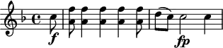 
\header {
  tagline = ##f
}
\score {
  \new Staff \with {
  }
<<
  \relative c'' {
    \key f \major
    \time 4/4
    \override TupletBracket #'bracket-visibility = ##f 
    \autoBeamOff
     %%%%%%%%%%%%%%%%%%%%%%%%%% K37
     \partial 8 c8\f < f a, >8 < f a, >4 q q < f a, >8 d8[( c)] c2\fp c4
  }
>>
  \layout {
    \context {
      \remove "Metronome_mark_engraver"
    }
  }
  \midi {}
}
