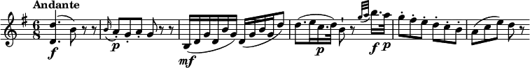 
\relative c'' {
  \version "2.18.2"
  \key g \major
  \time 6/8
  \tempo "Andante"
  \tempo 4 = 80
  <d, d'>4. \f (b'8) r8 r8
  \grace b16 (a8)-. \p g-. a-. g r8 r8
  b,16\mf ([  d  g d b' g]) d ( [g b g d'8])
  d8. (e16 c16.\p d32) b8-! r8 \grace {g'32 ([a]} b16.)\f a32\p
  g8-. fis-. e-. d-. c-. b-.
  a (c e) d r8 
}
