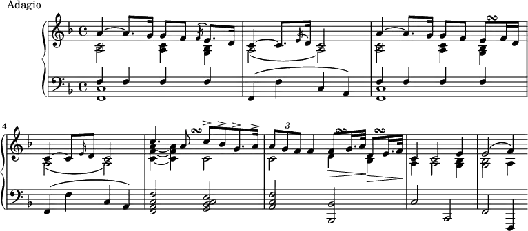 
\version "2.18.2"
\header {
  tagline = ##f
}
upper = \relative c'' {
  \clef treble 
  \key f \major
  \time 4/4
  \tempo 4 = 54
  %\autoBeamOff
  % \CouleDeTierce ??
   %%Montgeroult — Étude 113 (pdf p. 215) % Il faut repositionner en bas le \turn
   << { a4~ a8. g16 g8 f \acciaccatura f8 e8. d16   c4~ c8. \acciaccatura e8 d16 c2   a'4~ a8. g16 g8 f e8 f16 d c4~ c8 \grace e16 d8 c2 } { s1 s1 s2 s4 s16 s128 s\turn } \\ { \repeat unfold 2 { < c a >2 q4 < bes g >4 a2( a) } } >>
   << { c'4. a8 c8->[ bes-> g8.-> a16->] \tuplet 3/2 { a8 g f } f4 f8_\> g16. a32\! d,8_\> e16. f32\! }  { s4 s8 s16 s128 s\turn s1 s8 s128 s\turn s4 s128 s\turn } \\ {  < a f c >4~ q c,2 c d4 bes } >>
   << { c4 c2 e4 e2( f4) } \\ { a,4 a2 < bes g >4 q2 a4 } >>   
}
lower = \relative c {
  \clef bass
  \key f \major
  \time 4/4
   \repeat unfold 2 { << { f4 f f f } \\ { < c f, >1 } >> f,4( f' c a) }
   < f' c a f >2 < e c bes g > < f c a > < bes, bes, >
   c2 c, f f,4
}
  \header {
    piece = "Adagio"
  }
\score {
  \new PianoStaff <<
    \new Staff = "upper" \upper
    \new Staff = "lower" \lower
  >>
  \layout {
    \context {
      \Score
      \remove "Metronome_mark_engraver"
    }
  }
  \midi { }
}
