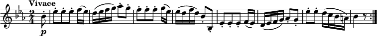 
\version "2.18.2"
\relative c'' {
  \key ees \major
  \time 2/4
  \tempo "Vivace "
  \tempo 4 = 140
  \partial 8  bes8-. \p 
  ees-. [ees-. ees-.] f16 (ees)
  d16 (ees f g) aes8-. g-.
  f-. [f-. f-.] g16 (ees)
  ees (d f d) bes8-. bes,-.
  ees-. [ees-. ees-.] f16 (ees)
  d16 (ees f g) aes8-. g-.
  ees'-. ees-. d16 (c bes a)
  bes4 r8 \bar ":|."
}
