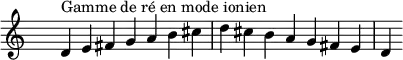 
\relative c' { 
  \clef treble \time 7/4 \hide Staff.TimeSignature d4^\markup { Gamme de ré en mode ionien } e fis g a b cis d cis b a g fis e d
}
