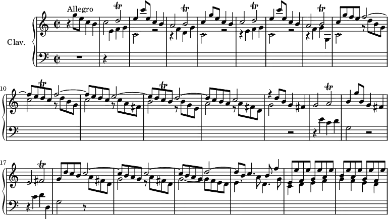 
\version "2.18.2"
\header {
  tagline = ##f
  % composer = "Domenico Scarlatti"
  % opus = "K. 117"
  % meter = "Allegro"
}
%% les petites notes
trillDb     = { \tag #'print { d2\trill } \tag #'midi { e32 d e d~ d8~ d4 } }
trillBb     = { \tag #'print { b2\trill } \tag #'midi { c32 b c b~ b8~ b4 } }
trillDq     = { \tag #'print { d8\trill } \tag #'midi { e32 d e d } }
trillAb     = { \tag #'print { a2\trill } \tag #'midi { b32 a b a~ a8~ a4 } }
trillCq     = { \tag #'print { c8\trill } \tag #'midi { d32 c d c } }
trillFisb   = { \tag #'print { fis2\trill } \tag #'midi { g32 fis g fis~ fis8~ fis4 } }
upper = \relative c'' {
  \clef treble 
  \key c \major
  \time 2/2
  \tempo 2 = 80
  \set Staff.midiInstrument = #"harpsichord"
  \override TupletBracket.bracket-visibility = ##f
      s8*0^\markup{Allegro}
      r4 g'8 e c4 b | c2 \stemUp \trillDb | e4 c'8 e, c4 b a2 \trillBb | 
      % ms. 5 … 9
      c4 g'8 e c4 b | c2 \stemUp \trillDb | e4 c'8 e, c4 b a2 \trillBb | c8 g' f e f2^~ |
      % ms. 10
      f8 e \trillDq c8 f2^~ | f8 e d c e2^~ | e8 d \trillCq b8 d2^~ | d8 c b a c2 |
      % ms. 14
      r4 d8 b g4 fis | g2 \trillAb | b4 g'8 b, g4 fis | e2 \trillFisb | g8 d' c b c2^~ | 
      % ms. 19
      c8 b a g c2^~ | c8 b a g d'2^~ | d8 b c4. b8 f'4 | e,8 e' f, e' g, e' a, e' |
      % ms. 23
      b8 e a, e' g, e' f, e' |
}
lower = \relative c' {
  \clef bass
  \key c \major
  \time 2/2
  \set Staff.midiInstrument = #"harpsichord"
  \override TupletBracket.bracket-visibility = ##f
    % ************************************** \appoggiatura a16  \repeat unfold 2 {  } \times 2/3 { }   \omit TupletNumber 
      R1 | r4 \stemDown \change Staff = "upper" e4 f g | c,2 r2 | r4 f4 d g |
      % ms. 5
      c,2 r2 | r4 e4 f g | c,2 r2 | r4 f4 g g, c2 | \repeat unfold 2 { r8 d'8 b g |
      % ms. 10
      c2 } r8 c8 a fis | b2 r8 b8 g e | a2 r8 a8 fis d |
      % ms. 14
      g2 \stemNeutral \change Staff = "lower" r2 | r4 e4 c d | g,2 r2 | r4 c4 d d, | g2 \repeat unfold 2 { r8 \stemDown \change Staff = "upper" a'8 fis d |
      % ms. 19
      g2_~ } g8 f e d | e4. a8 d,4. g8 | c,4 d e f |
      % ms. 23
      g4 f e d
}
thePianoStaff = \new PianoStaff <<
    \set PianoStaff.instrumentName = #"Clav."
    \new Staff = "upper" \upper
    \new Staff = "lower" \lower
  >>
\score {
  \keepWithTag #'print \thePianoStaff
  \layout {
      #(layout-set-staff-size 17)
    \context {
      \Score
     \override SpacingSpanner.common-shortest-duration = #(ly:make-moment 1/2)
      \remove "Metronome_mark_engraver"
    }
  }
}
\score {
  \keepWithTag #'midi \thePianoStaff
  \midi { }
}
