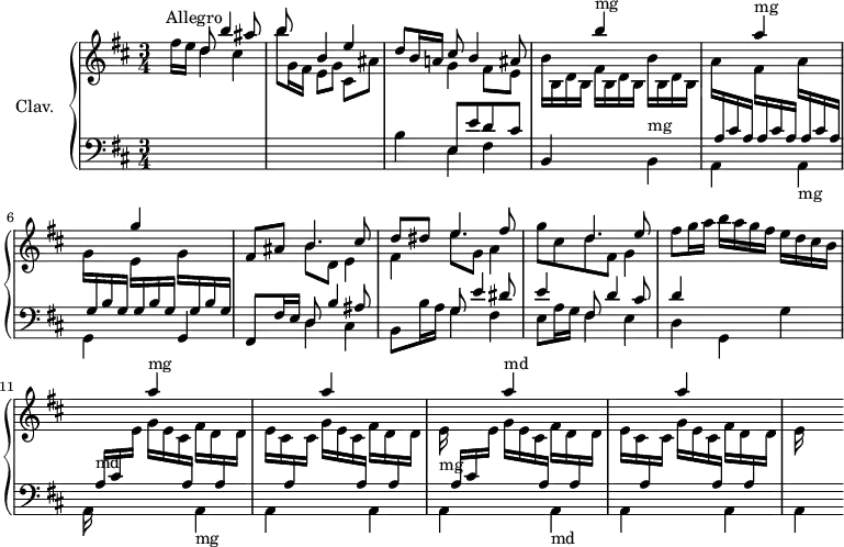 
\version "2.18.2"
\header { 
  tagline = ##f
}
%% les petites notes
trillBes = { \tag #'print { bes\trill } \tag #'midi { c32 bes c bes } }
% \repeat unfold 2 {}
upper = \relative c'' {
  \clef treble 
  \key b \minor
  \time 3/4
  \tempo 4 = 88
  \set Staff.midiInstrument = #"harpsichord"
    %\partial 2
    s8^\markup{Allegro} << { s8 d8 b'4 ais8 | b8 s8 b,4 e | d8 b16 a! cis8 b4 ais8 } \\ { fis'16 e d4 cis | b'8 g,16 fis e8 g cis,[ ais'] | s4 g4 fis8 e } >> \stemDown
    b'16 b, d b  fis' b, d b  b' b, d b | 
    % ms. 5
    a'16 \stemUp \change Staff = "lower" a, cis a \stemDown \change Staff = "upper" fis' \stemUp \change Staff = "lower" a, cis a  \stemDown \change Staff = "upper" a' \stemUp \change Staff = "lower" a, cis a | 
    % ms. 6
    \stemDown \change Staff = "upper" g'16 \stemUp \change Staff = "lower" g, b g \stemDown \change Staff = "upper" e' \stemUp \change Staff = "lower" g, b g  \stemDown \change Staff = "upper" g' \stemUp \change Staff = "lower" g, b g | \stemDown \change Staff = "upper" << { \mergeDifferentlyDottedOn fis'8 ais b4. cis8 | d8 dis e4. fis8 | s4 d4. e8 } \\ { s4 b8 d, e4 | fis e'8 g, a4 | g'8 cis, d8 fis, g4 } >> | 
    % ms. 10
    fis'8 g16 a b a g fis  e d cis b | s16 \stemUp \change Staff = "lower" a,16^\markup{md} cis \stemDown \change Staff = "upper" e g e cis \stemUp \change Staff = "lower" a \stemDown \change Staff = "upper" fis' d \stemUp \change Staff = "lower" a \stemDown \change Staff = "upper" d | e cis \stemUp \change Staff = "lower" a \stemDown \change Staff = "upper" cis g' e cis \stemUp \change Staff = "lower" a \stemDown \change Staff = "upper" fis' d \stemUp \change Staff = "lower" a \stemDown \change Staff = "upper" d
    % ms. 13
    e16 s16 s8 \stemUp a'4^\markup{md} \stemDown \change Staff = "lower" a,,,-\markup{md} | a \stemUp \change Staff = "upper" a''' \stemDown \change Staff = "lower" a,,, | a % poursuivre un peu…
}
lower = \relative c' {
  \clef bass
  \key b \minor
  \time 3/4
  \set Staff.midiInstrument = #"harpsichord"
    % *****************************
     s2. | s2. |  << { s4 e,8 e' d cis } \\ { b4 e,4 fis } >> | b,4 \stemUp \change Staff = "upper" b'''4^\markup{mg} \stemDown \change Staff = "lower" b,,,4^\markup{mg} |
     % ms. 5
     a4 \stemUp \change Staff = "upper" a'''4^\markup{mg} \stemDown \change Staff = "lower" a,,,4-\markup{mg} | g4 \stemUp \change Staff = "upper" g'''4 \change Staff = "lower" g,,,4 | << { fis8 fis'16 e d8 b'4 ais8 | s4 g8 e'4 dis8 | e4 fis,8 d'4 cis8 | d4 } \\ { s4  d,4 cis | b8 b'16 a g4 fis | e8 a16 g fis4 e | d g, g' } >>
     % ms. 11
     \stemDown a,16 s16 s8 \stemUp \change Staff = "upper" a'''4^\markup{mg} \stemDown \change Staff = "lower" a,,,4-\markup{mg} | a4 \stemUp \change Staff = "upper" a'''4 \stemDown \change Staff = "lower" a,,,4
     % ms. 13
     << { \stemDown a4 } \\ { \stemUp s16^\markup{mg} a'[ cis \stemDown \change Staff = "upper" e] g e cis \stemUp \change Staff = "lower" a } >>  \stemDown \change Staff = "upper" fis' d \stemUp \change Staff = "lower" a \stemDown \change Staff = "upper" d | e cis \stemUp \change Staff = "lower" a \stemDown \change Staff = "upper" cis g' e cis \stemUp \change Staff = "lower" a \stemDown \change Staff = "upper" fis' d \stemUp \change Staff = "lower" a \stemDown \change Staff = "upper" d | e16 
}
thePianoStaff = \new PianoStaff <<
    \set PianoStaff.instrumentName = #"Clav."
    \new Staff = "upper" \upper
    \new Staff = "lower" \lower
  >>
\score {
  \keepWithTag #'print \thePianoStaff
  \layout {
      #(layout-set-staff-size 17)
    \context {
      \Score
     \override SpacingSpanner.common-shortest-duration = #(ly:make-moment 1/2)
      \remove "Metronome_mark_engraver"
    }
  }
}
\score {
  \keepWithTag #'midi \thePianoStaff
  \midi { }
}
