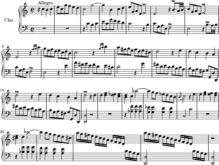 
\version "2.18.2"
\header {
  tagline = ##f
  % composer = "Domenico Scarlatti"
  % opus = "K. 339"
  % meter = "Allegro"
}
%% les petites notes
trillFb        = { \tag #'print { f2\prall } \tag #'midi { g32 f g f~ f8~ f4 } }
trillEqp       = { \tag #'print { e8.\prall } \tag #'midi { f32 e f e~ e16 } }
trillBqpUp     = { \tag #'print { b'8.\prall } \tag #'midi { c32 b c b~ b16 } }
trillDb        = { \tag #'print { d2\prall } \tag #'midi { e32 d e d~ d8~ d4 } }
upper = \relative c'' {
  \clef treble 
  \key c \major
  \time 2/2
  \tempo 2 = 78
  \set Staff.midiInstrument = #"harpsichord"
  \override TupletBracket.bracket-visibility = ##f
      s8*0^\markup{Allegro}
      r4 c4 b c  | e8 c g' f e4 d | c2 g'2~ | g4 b, c d | 
      % ms. 5
      e8 g, a e \trillFb | e2 r4 \trillBqpUp a32 b | c8 g a e \trillFb | e2 r4 \grace {   \tempo 2 = 50 f'16 g }   \tempo 2 = 78 a4 | 
      % ms. 9
      g8 e f d e c d b | c2 r4 \grace {   \tempo 2 = 50 g'16 a }   \tempo 2 = 78 b4 | a8 fis g e fis d e cis | d2 \repeat unfold 2 { r4 e4 |
      % ms. 13
      d4 c b a | \trillDb } r4 d4 |
      % ms. 17
      d4 < d f > < d ees > < c ees > | < b d > c aes'2~ | aes4 g8 f ees d c b | \appoggiatura b8 c2 r4 e4 | e < e g > < e f > < d f >
      % ms. 22
      < cis e >4 d bes'2~ | bes4 a8 g f e d cis | \repeat unfold 2 { a'16[ g fis e] d c  b a g f e d s4 } | 
      % ms. 26
      r2 
}
lower = \relative c' {
  \clef bass
  \key c \major
  \time 2/2
  \set Staff.midiInstrument = #"harpsichord"
  \override TupletBracket.bracket-visibility = ##f
    % ************************************** \appoggiatura a16  \repeat unfold 2 {  } \times 2/3 { }   \omit TupletNumber 
      R1*2 | r4 c4 b c | e8 c g' f e4 d | 
      % ms. 5
      c2 r4 b4 | c8 g a e \trillFb | e2 r4 \trillBqpUp a32 b | c8 g a e \trillFb |
      % ms. 9
      e2 r4 e'4 | a8 fis g e fis d e cis | d2 r4 g4 | \repeat unfold 2 { fis8 d e c d b c a |
      % ms. 13
      b8 g a fis g g, d' d, } | < d d' >2 r2 |
      % ms. 17
      R1 | r4 < aes'' f' >4 q q | < g ees' > q < g d' > q | c,2 c' | R1 |
      % ms. 22
      r4 < bes g' >4 q q | < a f' > q < a e' > q | s2. c16 b a g | < d, d' >2 s4 c''16 b a g |
      % ms. 26
       < d, d' >2
}
thePianoStaff = \new PianoStaff <<
    \set PianoStaff.instrumentName = #"Clav."
    \new Staff = "upper" \upper
    \new Staff = "lower" \lower
  >>
\score {
  \keepWithTag #'print \thePianoStaff
  \layout {
      #(layout-set-staff-size 17)
    \context {
      \Score
     \override SpacingSpanner.common-shortest-duration = #(ly:make-moment 1/2)
      \remove "Metronome_mark_engraver"
    }
  }
}
\score {
  \keepWithTag #'midi \thePianoStaff
  \midi { }
}
