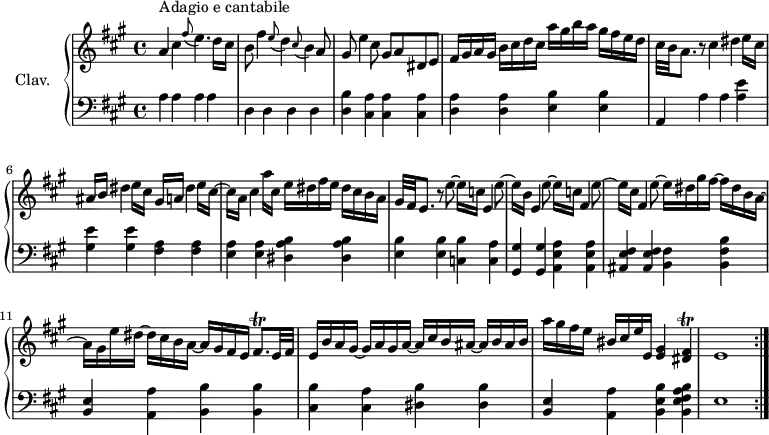 
\version "2.18.2"
\header {
  tagline = ##f
}
%% les petites notes
trillFis = { \tag #'print { fis8.\trill } \tag #'midi { \repeat unfold 2 { gis32 fis } gis fis } }
trillFisQ = { \tag #'print { < dis fis\trill >4 } \tag #'midi { << { \repeat unfold 2 { gis32 fis } gis fis e fis }\\{ dis4 } >> } }
upper = \relative c'' {
  \clef treble 
  \key a \major
  \time 4/4
  \tempo 4 = 60
  \set Staff.midiInstrument = #"harpsichord"
s8*0^\markup{Adagio e cantabile}
  \repeat volta 2 {
  a4 cis \tempo 4 = 52 \appoggiatura fis8 \tempo 4 = 60 e4. d16 cis | b8 fis'4 \tempo 4 = 52 \appoggiatura e8 \tempo 4 = 60 d4 \tempo 4 = 52 \appoggiatura cis8 \tempo 4 = 60 b4 a8 | gis8 e'4 cis8 gis a dis, e |
  % ms. 4
  fis16 gis a gis  b cis d cis  a' gis b a  gis fis e d | cis32 b \tempo 4 = 52 a8. \tempo 4 = 60 r8 cis4 \tempo 4 = 52 dis \tempo 4 = 60 e16 cis | ais b \tempo 4 = 52 dis4 \tempo 4 = 60 e16 cis gis a \tempo 4 = 52 dis4 \tempo 4 = 60 e16 cis~ |
  % ms. 7
  cis16 a  cis4 a'16 cis, e dis fis e dis cis b a | gis32 fis \tempo 4 = 52 e8. \tempo 4 = 60 r8 \tempo 4 = 52 e'8~ e16 \tempo 4 = 60 c e,4 \tempo 4 = 52 e'8~ | e16 \tempo 4 = 60 b e,4 \tempo 4 = 52 e'8~ e16 \tempo 4 = 60 c fis,4 \tempo 4 = 52 e'8~ |
  % ms. 10
  e16 \tempo 4 = 60 cis fis,4 \tempo 4 = 52 e'8~ e16 \tempo 4 = 60 dis gis fis~ fis dis b a~ | a gis e' dis~ dis cis b a~ a gis fis e \trillFis e32 fis |
  % ms. 12
  e16 b' a gis~ gis a gis a~ a cis b ais~ ais b ais b | a' gis fis e bis cis e e, < e gis >4 \trillFisQ | \tempo 4 = 50 e1   \tempo 4 = 60
  }%reprise
}
lower = \relative c {
  \clef bass
  \key a \major
  \time 4/4
  \set Staff.midiInstrument = #"harpsichord"
  \repeat volta 2 {
    % **************************************
   \repeat unfold 4 { a'4 } \repeat unfold 4 { d,4 } < d b' >4 \repeat unfold 3 { < cis a' >4 }
   < d a' >4 q < e b' > q | a, a' a < a e' > < gis e' > q < fis a > q < e a > q < dis a' b > q | < e b' > q < c! b' > < c a' >
   % ms. 9
   < gis gis' >4 q < a e' a > q | < ais e' fis >4 q < b fis' > < b fis' b > | < e b > < a, a' > < b b' > q |
   < cis b' >4 < cis a' > < dis b' > q | < e b > < a, a' > < b e b' >-\tweak stencil ##f \p < b e fis a b > | e1
   }%reprise
}
thePianoStaff = \new PianoStaff <<
    \set PianoStaff.instrumentName = #"Clav."
    \new Staff = "upper" \upper
    \new Staff = "lower" \lower
  >>
\score {
  \keepWithTag #'print \thePianoStaff
  \layout {
      #(layout-set-staff-size 17)
    \context {
      \Score
     \override SpacingSpanner.common-shortest-duration = #(ly:make-moment 1/2)
      \remove "Metronome_mark_engraver"
    }
  }
}
\score {
  \unfoldRepeats
  \keepWithTag #'midi \thePianoStaff
  \midi { }
}
