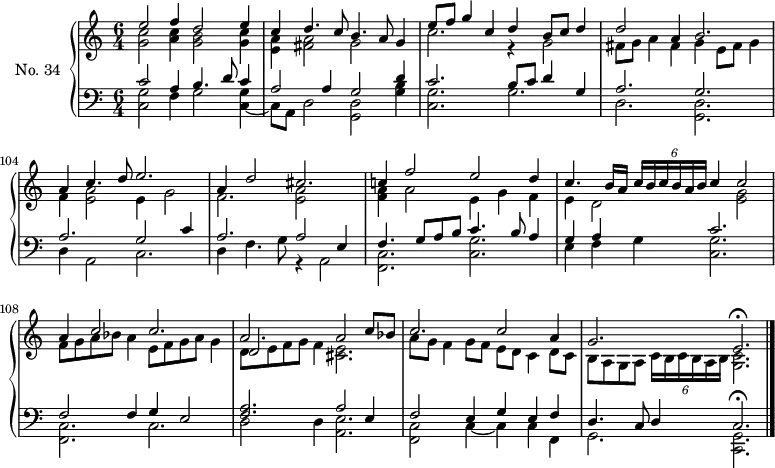 
\version "2.14.2"
\header {
  tagline = ##f
}
upper = \relative c'' {
  \clef treble 
  \key c \major
  \time 6/4
  \tempo 4 = 130
  \set Score.currentBarNumber = #100
  \set Staff.midiInstrument = #"harpsichord"
  % droite
  << { e2 f4 d2 e4 } \\ { < c g >2 < c a >4 < b g >2 < c g >4 } >>
  << { c4 d4. c8 b4. a8 g4 } \\ { < a e >4 < a fis >2  g2 s4 } >>
  << { e'8 f g4 c, d b8 c d4 } \\ { c2. r4 g2 } >>
  << { d'2 a4 b2. } \\ { fis8 g a4 fis4 g e8 fis g4 } >>
  << { a4 c4. d8 e2. } \\ { f,4 < e a >2 e4 g2 } >>
  << { a4 d2 cis2. } \\ { f,2. < a e >2 } >>
  << { c!4 f2 e d4 } \\ { < a f >4 a2 e4 g f} >>
  << { c'4. b16[ a] \times 4/6 { c16[ b c b a b] } c4 c2 } \\ { e,4 d2 s4 < g e >2 } >>
  << { a4 c2 c2. } \\ { f,8 g a bes a4 e8 f g a g4 } >>
  << { a2. a2 c8 bes } \\ { \stemUp d,2 \stemDown f4 < e cis >2. } \\ { \stemDown d8[ e f g] } >>
  << { c2. c2 a4 } \\ { a8 g f4 g8 f e d c4 d8 c } >>
  << { g'2. e\fermata } \\ { b8 a g a \tempo 4 = 98 \times 4/6 { c16[ b c b a b] } \tempo 4 = 75 < c g >2.  } >> \bar "|."
}
lower = \relative c {
  \clef bass
  \key c \major
  \time 6/4
  \set Staff.midiInstrument = #"harpsichord"
  %% gauche
  << { c'2 a4 b4. d8 c4 } \\ { < g c, >2 f4 g2 < g c, >4~ } >>
  << { a2 a4 g2 d'4 } \\ { c,8 a d2 < d g, >2 < b' g >4 } >>
  << { c2. b8 c d4 g, } \\ { < g c, >2. g  } >>
  << { a2. g } \\ { d2. < d g, >2. } >>
  << { a'2. g2 c4 } \\ { d,4 a2 c2. } >>
  << { a'2. a2 e4 } \\ { d4 f4. g8 r4 a,2 } >>
  << { f'4. g8 a b c4. b8 a4 } \\ { < c, f, >2. < g' c, > } >>
  << { g4 a s4 c2. } \\ { e,4 f g < g c, >2. } >>
  << { f2 f4 g e2 } \\ { < c f, >2. c2. } >>
  << { < a' f >2. a2 e4 } \\ { d2 d4 < e a, >2. } >>
  << { f2 e4 g e f } \\ { < c f, >2 c4~ c c f, } >>
  << { d'4. c8 d4 c2.\fermata } \\ { g2. < g c, >2. } >>
}
\score {
  \new PianoStaff <<
    \set PianoStaff.instrumentName = #"No. 34"
    \new Staff = "upper" \upper
    \new Staff = "lower" \lower
  >>
  \layout {
    \context {
      \Score
      \remove "Metronome_mark_engraver"
    }
  }
  \midi { }
}
