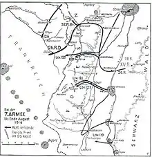 Carte des mouvements de troupes allemands, se concentrant vers la Lorraine.