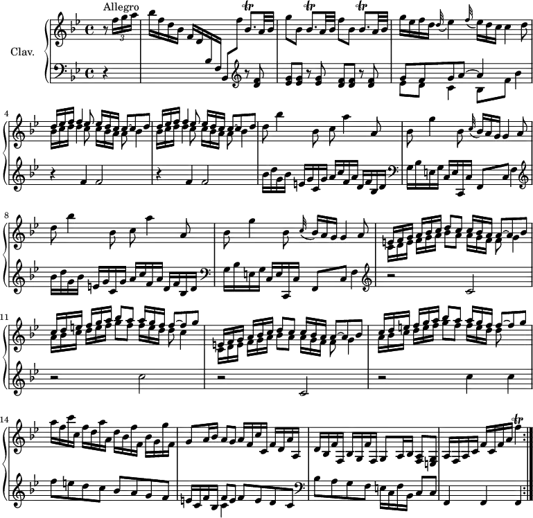 
\version "2.18.2"
\header {
  tagline = ##f
  % composer = "Domenico Scarlatti"
  % opus = "K. 66"
  % meter = "Allegro"
}
%% les petites notes
trillBesqpDown     = { \tag #'print { bes,8.\trill } \tag #'midi { c32 bes c bes~ bes16 } }
trillBesqp         = { \tag #'print { bes8.\trill } \tag #'midi { c32 bes c bes~ bes16 } }
trillFUp           = { \tag #'print { f'4\trill } \tag #'midi { g32 f g f  g   \tempo 4 = 30 f~ f16   \tempo 4 = 90 } }
upper = \relative c'' {
  \clef treble 
  \key bes \major
  \time 4/4
  \tempo 4 = 90
  \set Staff.midiInstrument = #"harpsichord"
  \override TupletBracket.bracket-visibility = ##f
\repeat volta 2 {
      s8*0^\markup{Allegro}
      \partial 4 r8 \times 2/3 { f16[ g a] } | bes16 f d bes f d \change Staff = "lower" bes f bes,8 \change Staff = "upper"  f''' \trillBesqpDown a32 bes | g'8 bes, \trillBesqp a32 bes f'8 bes, \trillBesqp a32 bes |
      % ms. 3
      g'16 ees f d \appoggiatura d32 ees4 \appoggiatura f32 \omit TupletNumber \times 2/3 { ees16[ d c] } c4d8 | 
      \repeat unfold 2 { 
      << { \omit TupletNumber \times 2/3 { d16[ ees f] } f4 ees8 \times 2/3 { ees16[ d c] } c8~ c d } 
      \\ { \omit TupletNumber \times 2/3 { bes16[ c d] } d4 c8 \times 2/3 { c16[ bes a] } a8 bes4 } >> 
      }
      % ms. 6
      \repeat unfold 2 {  d8 bes'4 bes,8 c a'4 a,8 | bes8 g'4 bes,8 \appoggiatura c32 \times 2/3 { bes16[ a g] } g4 a8 } | 
      % ms. 10
      << { \omit TupletNumber \times 2/3 { e16[ f g] } \times 2/3 { a16 bes c] } d8 c \times 2/3 { c16[ bes a] } a8~ a bes | \times 2/3 { c16[ d e] } \times 2/3 { f16 g a] } bes8 a \times 2/3 { a16[ g f] } f8~ f g } 
      \\ { \omit TupletNumber \times 2/3 { c,,16[ d e] } \times 2/3 { f16[ g a] } bes8 a \times 2/3 { a16[ g f] } f8 g4  | \times 2/3 { a16[ bes c] } \times 2/3 { d16[ e f] } g8 f \times 2/3 { f16[ e d] } d8 c4 } >> |
      << { \omit TupletNumber \times 2/3 { e,16[ f g] } \times 2/3 { a16 bes c] } d8 c \times 2/3 { c16[ bes a] } a8~ a bes | \times 2/3 { c16[ d e] } \times 2/3 { f16 g a] } bes8 a \times 2/3 { a16[ g f] } f8~ f g } 
      \\ { \omit TupletNumber \times 2/3 { c,,16[ d e] } \times 2/3 { f16[ g a] } bes8 a \times 2/3 { a16[ g f] } f8 g4  | \times 2/3 { a16[ bes c] } \times 2/3 { d16[ e f] } g8 f \times 2/3 { f16[ e d] } d8 } >> |
      % ms. 14
      a'16 f c' c,  f d a' a,  d bes f' f,  bes g g' f, |
      % ms. 15
      g8 a16 bes  a8 g  a16 f c' c,  f d a' a, | d bes f' f, bes g f' f, g8 a16 bes < f a >8 < e g > | a16 f a c f c f a \trillFUp }%repet
}
lower = \relative c' {
  \clef bass
  \key bes \major
  \time 4/4
  \set Staff.midiInstrument = #"harpsichord"
  \override TupletBracket.bracket-visibility = ##f
\repeat volta 2 {
    % ************************************** \appoggiatura a16  \repeat unfold 2 {  } \times 2/3 { }   \omit TupletNumber 
      r4 | s2.   \clef treble  r8 < d f >8 | < ees g > q r8 q < d f > q r8 q |
      % ms. 3
      << { g8 f g a~ a4 } \\ { ees8 d c4 bes8 f' bes4 } >> | \repeat unfold 2 { r4 f4 f2 } | 
      % ms. 6
      \repeat unfold 2 { bes16 d g, bes  e, g c, g'  a c f, a  d, f bes, d |   \clef bass g,16 bes e, g c, e c,c' f,8 c' f4 \clef treble } |
      % ms. 10
      r2 c'2 | r2   \clef treble  c'2 |
      % ms. 12
       r2 c,2 | r2 c'4 c | f8 e d c bes a g f |
      % ms. 15
      e16 c f bes, << { f'8 e } \\ { c4 } >> f8 e d c | \clef bass  bes8 a g f  e16 c f bes, c8 c | f,4 f f }%repet
}
thePianoStaff = \new PianoStaff <<
    \set PianoStaff.instrumentName = #"Clav."
    \new Staff = "upper" \upper
    \new Staff = "lower" \lower
  >>
\score {
  \keepWithTag #'print \thePianoStaff
  \layout {
      #(layout-set-staff-size 17)
    \context {
      \Score
     \override SpacingSpanner.common-shortest-duration = #(ly:make-moment 1/2)
      \remove "Metronome_mark_engraver"
    }
  }
}
\score {
  \unfoldRepeats
  \keepWithTag #'midi \thePianoStaff
  \midi { }
}
