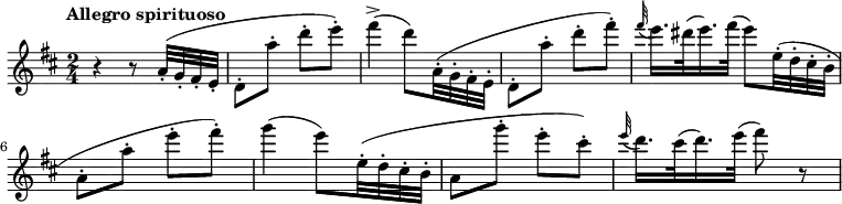 
\relative c'' {
 \version "2.18.2"
\key d \major
\time 2/4
\tempo "Allegro spirituoso"
\tempo 4 = 110
   r4 r8 a32-. (g-. fis-. e-. d8-. a''-. d-. e-.)
  fis4^> (d8) a,32-. (g-. fis-. e-. d8-. a''-. d-. fis-.)
  \grace fis 32 (e16.) dis32 (e16.) fis32 (e8) e,32 -. (d-. cis-. b-. a8-. a'-. e'-. fis-.) 
  g4 (e8) e,32-. (d-. cis-. b-. a8 g''8-. e-. cis-. ) 
   \grace e 32 (d16.) cis32 (d16.) e32 (fis8) r
} 
