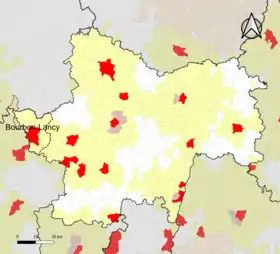 Localisation de l'aire d'attraction de Bourbon-Lancy dans le département de Saône-et-Loire.