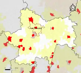 Localisation de l'aire d'attraction du Creusot dans le département de Saône-et-Loire.