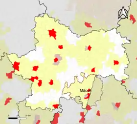 Localisation de l'aire d'attraction de Mâcon dans le département de Saône-et-Loire.