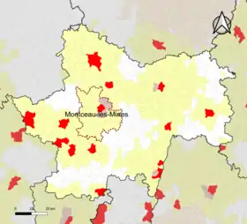 Localisation de l'aire d'attraction de Montceau-les-Mines dans le département de Saône-et-Loire.