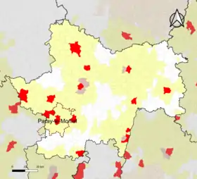 Localisation de l'aire d'attraction de Paray-le-Monial dans le département de Saône-et-Loire.