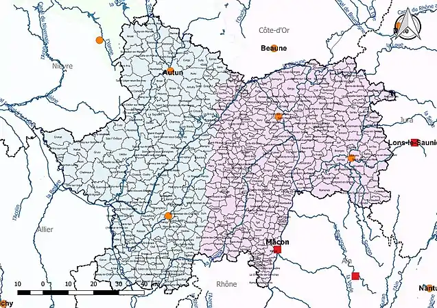 La Saône-et-Loire est découpée en deux bassins DCE : Loire-Bretagne et Rhône-Méditerranée.