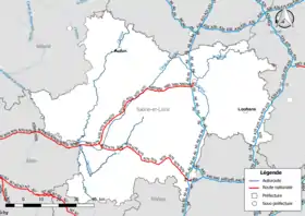 Carte du réseau routier national (autoroutes et routes nationales) dans le département de Saône-et-Loire