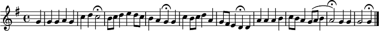  
{ 
\clef treble \key g \major \tempo 4=80 \set Staff.midiInstrument = "english horn" {
      \set Score.tempoHideNote = ##t
      \override Score.BarNumber  #'transparent = ##t 
      \time 4/4
      \relative
      { \partial 4 g' g4 g a g c4 d c2 \fermata b8 c d4 e d8 c b4 a g \fermata g c b8 c d4 a g8 fis e4 d \fermata d a' a a b c8 b a4 g8 (a b4 a2) \fermata g4 g g2 g4 \fermata \bar "|."}
    }
  }
