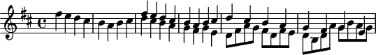 
\version "2.18.2"
\header {
  tagline = ##f
  % composer = "Johann Pachelbel"
  % opus = "Canon et gigue en ré mineur"
  % meter = ""
}
tema   = { fis,4 e d cis | b a b cis | d cis b a | g fis g e } 
temaUp = { fis'4 e d cis | b a b cis | d cis b a | g fis g e } 
\score {
<<
  \relative c''' {
   %  \clef bass
    \key d \major
    \time 4/4
    \override TupletBracket #'bracket-visibility = ##f 
     %s8*0^\markup{Aria}
     << { s1*2 \tema } \\ { \temaUp d8 fis a g fis d fis e | d b d a' g b a g |  } >>
  }
>>
  \layout {
     #(layout-set-staff-size 17)
     \context { \Score \remove "Metronome_mark_engraver" 
     \override SpacingSpanner.common-shortest-duration = #(ly:make-moment 1/2)
     }
  }
}
