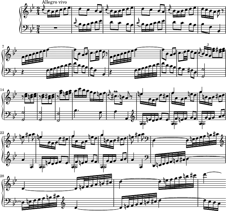 
\version "2.18.2"
\header {
  tagline = ##f
}
upper = \relative c'' {
  \clef treble 
  \key bes \major
  \time 2/4
  \tempo 2 = 52
  \set Staff.midiInstrument = #"harpsichord"
  \override TupletBracket.bracket-visibility = ##f
      s8*0^\markup{Allegro vivo}
      \repeat unfold 2 { \appoggiatura c16 bes16 a bes c d8 ees | d c bes a } |
      % ms. 5
      \appoggiatura c16 bes16 a bes c d8 ees | d16 c bes a bes8 r8 | f16 g32 a bes c d ees f4~ | f8 bes, a bes | c8. d32 ees d8 r8 |
      % ms. 10
      f,16 g32 a bes c d ees f4~ | f8 bes, a bes | c8. d32 ees d8 c | \appoggiatura  c16 \times 2/3 { bes[ a g] } < ees' g >8[ < d fis > < ees g >] | 
      % ms. 14
      r8 < c ees >8[ < b d > < c ees >] | r8 < bes d >[ < a cis > < bes d >] | r8 < f' a >[ < e g > < f a >] | a16 c bes a g f e f | \appoggiatura  d16 cis8.\prall b16 a8 r8 |
      % ms. 19 
      \repeat unfold 2 { << { e'4 s4 f s4 g s4 } \\ { e16 g, f g d'8 cis | f16 a, g a e'8 d | g16 b, a b cis8 d | e8 gis4 a8 } >> } |   \clef bass 
      % ms. 27
      d,,,4~ d16 e32 f g a b cis    \clef treble  d4~ d16 e32 f g a b cis | d4~ d16 e32 f g a b cis | d4~ \hideNotes d16
}
lower = \relative c' {
  \clef bass
  \key bes \major
  \time 2/4
  \set Staff.midiInstrument = #"harpsichord"
    % **************************************
      \grace s16 % pour le bug
     R2 \repeat unfold 2 { \appoggiatura c16 bes16 a bes c d8 ees | d c bes a } | bes8 f bes,4 | 
     % ms. 7
     r4 f'16 g32 a bes c d ees | f8 d c bes | a f bes,4 |
     % ms. 10
     r4 f'16 g32 a bes c d ees | f8 d c bes | a g fis d | < g, g' >2 q q |
     % ms. 16
     < f f' >2 bes'4. g8 | a4 a, |   \clef treble  
     % ms. 19
     \repeat unfold 2 { << { a'16 e' d e f8 e | a,16 f' e f g8 f | a,16 g' f g a8 bes | a4 a, } \\ { a2 a a } >> } |   \clef bass 
     % ms. 27
     d,,16 e32 f g a b cis d4~ | d16 e32 f g a b cis   \clef treble  d4~ | d16 e32 f g a b cis d4~ | d16 c bes a s16
}
thePianoStaff = \new PianoStaff <<
    \set PianoStaff.instrumentName = #"Clav."
    \new Staff = "upper" \upper
    \new Staff = "lower" \lower
  >>
\score {
  \keepWithTag #'print \thePianoStaff
  \layout {
      #(layout-set-staff-size 17)
    \context {
      \Score
     \override SpacingSpanner.common-shortest-duration = #(ly:make-moment 1/2)
      \remove "Metronome_mark_engraver"
    }
  }
}
\score {
  \keepWithTag #'midi \thePianoStaff
  \midi { }
}
