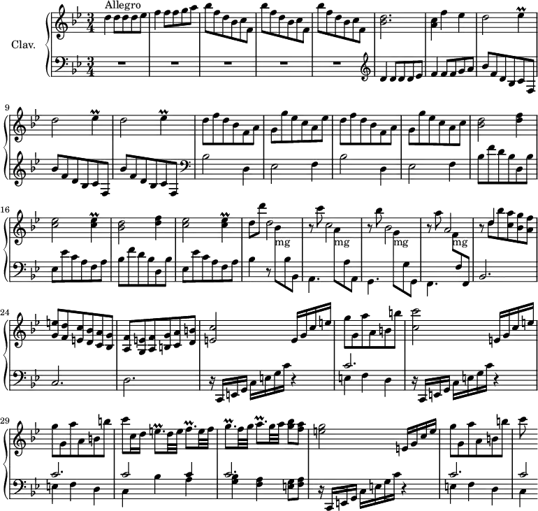 
\version "2.18.2"
\header {
  tagline = ##f
  % composer = "Domenico Scarlatti"
  % opus = "K. 551"
  % meter = "Allegro"
}
%% les petites notes
trillEes      = { \tag #'print { ees4\prall } \tag #'midi { f32 ees f ees~ ees8 } }
trillCEes     = { \tag #'print { < c ees >4\prall } \tag #'midi { << { f32 ees f ees~ ees8 } \\ { c4 } >> } }
trillEp       = { \tag #'print { e8.\prall } \tag #'midi { f32 e f e f e } }
trillFp       = { \tag #'print { f8.\prall } \tag #'midi { g32 f g f g f } }
trillGp       = { \tag #'print { g8.\prall } \tag #'midi { a32 g a g a g } }
trillAp       = { \tag #'print { a8.\prall } \tag #'midi { bes32 a bes a bes a } }
upper = \relative c'' {
  \clef treble 
  \key bes \major
  \time 3/4
  \tempo 4 = 120
  \set Staff.midiInstrument = #"harpsichord"
  \override TupletBracket.bracket-visibility = ##f
      s8*0^\markup{Allegro}
      d4 d8 d d ees | f4 f8 f g a | \repeat unfold 3 { bes f d bes c f, }
      % ms. 6
      < bes d >2. | < a c >4 f' ees | \repeat unfold 3 { d2 \trillEes } 
      % ms. 11
      d8 f d bes f a | g g' ees c a ees' | d f d bes f a | g g' ees c a c | \repeat unfold 2 { < bes d >2 < d f >4 |
      % ms. 16
      < c ees >2 \trillCEes } | d8 d' d,2 | r8 c'8 c,2 |
      % ms. 21 
      r8 bes'8 bes,2 | r8 a'8 a,2 | r8 << { d4 } \\ { d8[ bes' < c, a' >8 < bes g' > < a f' >] } >> | < g e' > < f d' > < e c' > < d bes' > < c a' > < bes g' > | < a f' > < g e' > < a f' > < b g' > < c a' > < d b' > |
      % ms. 26
      < e c' >2 e16 g c e | g8 g, a' a, b b' | < c, c' >2 e,16 g c e | g8 g, a' a, b b' |
      % ms. 30 
      c8 c,16 d \trillEp d32 e \trillFp e32 f  | \trillGp f32 g \trillAp g32 a < g bes >8  < f a > | < e g >2 e,16 g c e | g8 g, a' a, b b' |
      % ms. 34
      c8
}
lower = \relative c' {
  \clef bass
  \key bes \major
  \time 3/4
  \set Staff.midiInstrument = #"harpsichord"
  \override TupletBracket.bracket-visibility = ##f
    % ************************************** \appoggiatura a16  \repeat unfold 2 {  } \times 2/3 { }   \omit TupletNumber 
      R2.*5 |   \clef treble  d4 d8 d d ees | f4 f8 f g a | \repeat unfold 3 { bes f d bes c f, }   \clef bass
      % ms. 11
      bes2 d,4 | ees2 f4 | bes2 d,4 | ees2 f4 | \repeat unfold 2 { bes8 f' d bes d, bes' |
      % ms. 16
      ees,8 ees' c a f a } bes4 r8  \stemDown \change Staff = "upper"  bes'8-\markup{mg} \change Staff = "lower" bes, bes, | a4. \stemDown \change Staff = "upper" a''8-\markup{mg} \change Staff = "lower" a, a, | 
      % ms. 21
      g4. \stemDown \change Staff = "upper" g''8-\markup{mg} \change Staff = "lower" g, g, | f4. \stemDown \change Staff = "upper" f''8-\markup{mg} \stemNeutral \change Staff = "lower" f, f, | bes2. | c | d |
      % ms. 26
      \repeat unfold 2 { r16 c,16 e g c e g c r4 | << { c2. } \\ { e,4 f d } >> }
      % ms. 30
      << { c'2 c4 | c2. } \\ { c,4 bes' a | < g bes > < f a > < e g >8 < f a > } >> | r16 c,16 e g c e g c r4 | << { c2. } \\ { e,4 f d } >>
      % ms. 34
      << { c'2*1/2 } \\ { c,4  } >>
}
thePianoStaff = \new PianoStaff <<
    \set PianoStaff.instrumentName = #"Clav."
    \new Staff = "upper" \upper
    \new Staff = "lower" \lower
  >>
\score {
  \keepWithTag #'print \thePianoStaff
  \layout {
      #(layout-set-staff-size 17)
    \context {
      \Score
     \override SpacingSpanner.common-shortest-duration = #(ly:make-moment 1/2)
      \remove "Metronome_mark_engraver"
    }
  }
}
\score {
  \keepWithTag #'midi \thePianoStaff
  \midi { }
}
