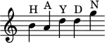 
\version "2.18.2"
\header {
  tagline = ##f
}
\score {
  \new Staff \with {
    \remove "Time_signature_engraver"
  }
<<
  \relative c'' {
    \key c \major
    \time 4/1
    \tempo 4 = 62
    \override TupletBracket #'bracket-visibility = ##f 
     %%%% 
     b4^\markup{H} a^\markup{A} d^\markup{Y} d^\markup{D} g^\markup{N}
  }
>>
  \layout {
     \context { \Score \remove "Metronome_mark_engraver" }
  }
  \midi {}
}
