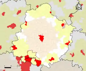 Localisation de l'aire d'attraction de la Flèche dans le département de la Sarthe.