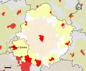 Localisation de l'aire d'attraction de Sablé-sur-Sarthe dans le département de la Sarthe.