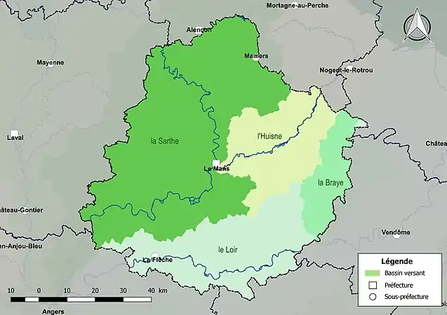 Les quatre principaux bassins versants de la Sarthe.