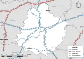 Carte du réseau routier national (autoroutes et routes nationales) dans le département de la Sarthe